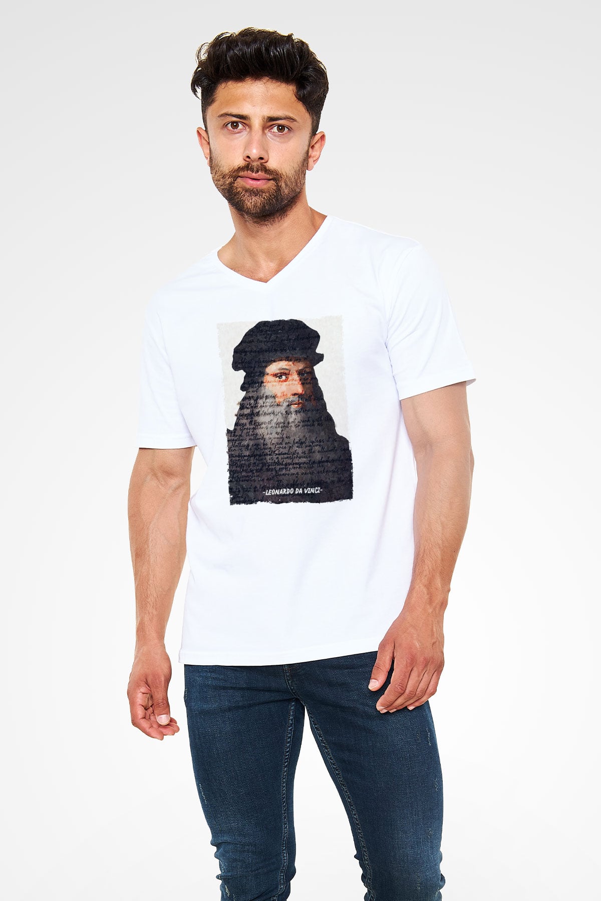 Leonardo Da Vinci Yazılı Portre Baskılı Unisex V Yaka Beyaz Tişört - Tshirt