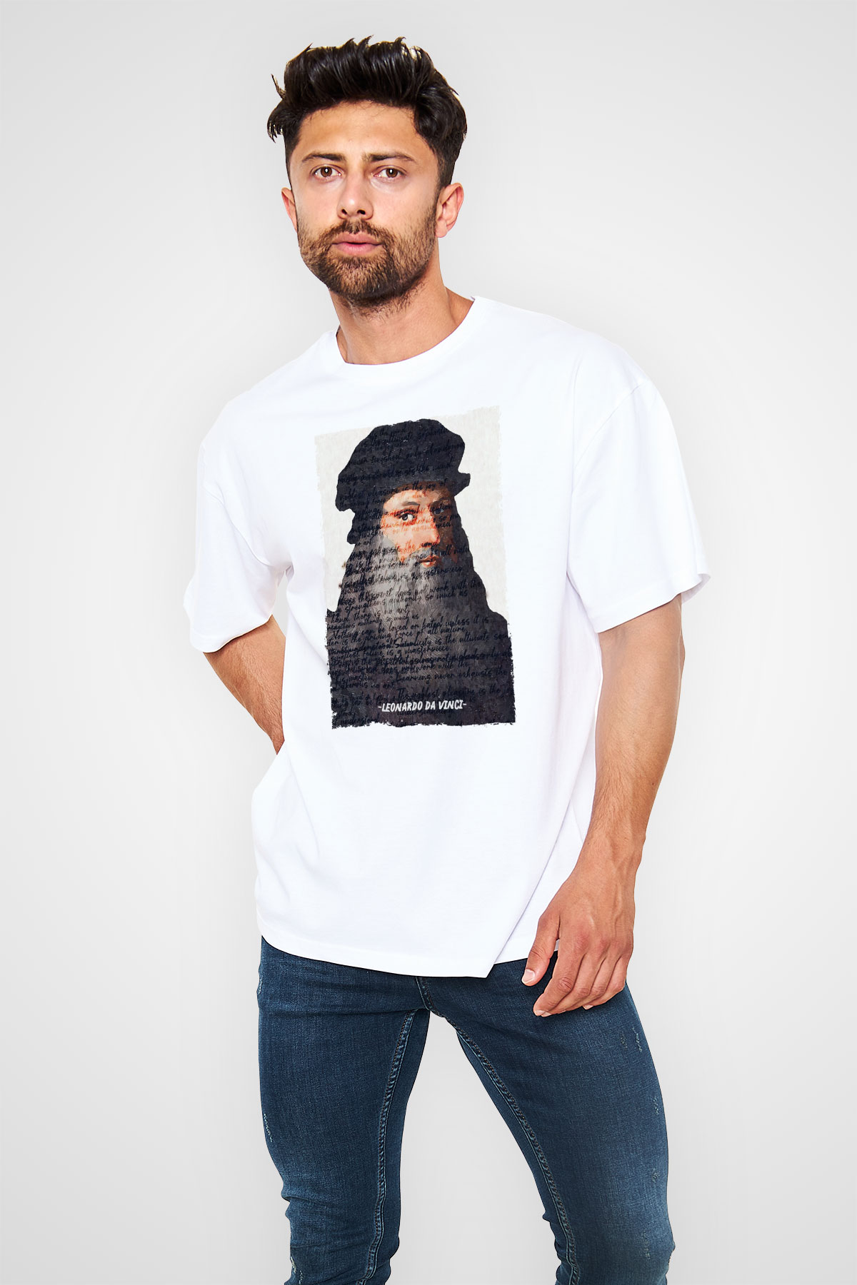 Leonardo Da Vinci Yazılı Portre Baskılı Unisex Oversize Beyaz Tişört - Tshirt