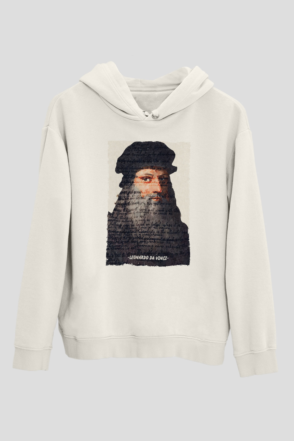 Leonardo Da Vinci Yazılı Portre Baskılı Unisex Ekru Hoodie