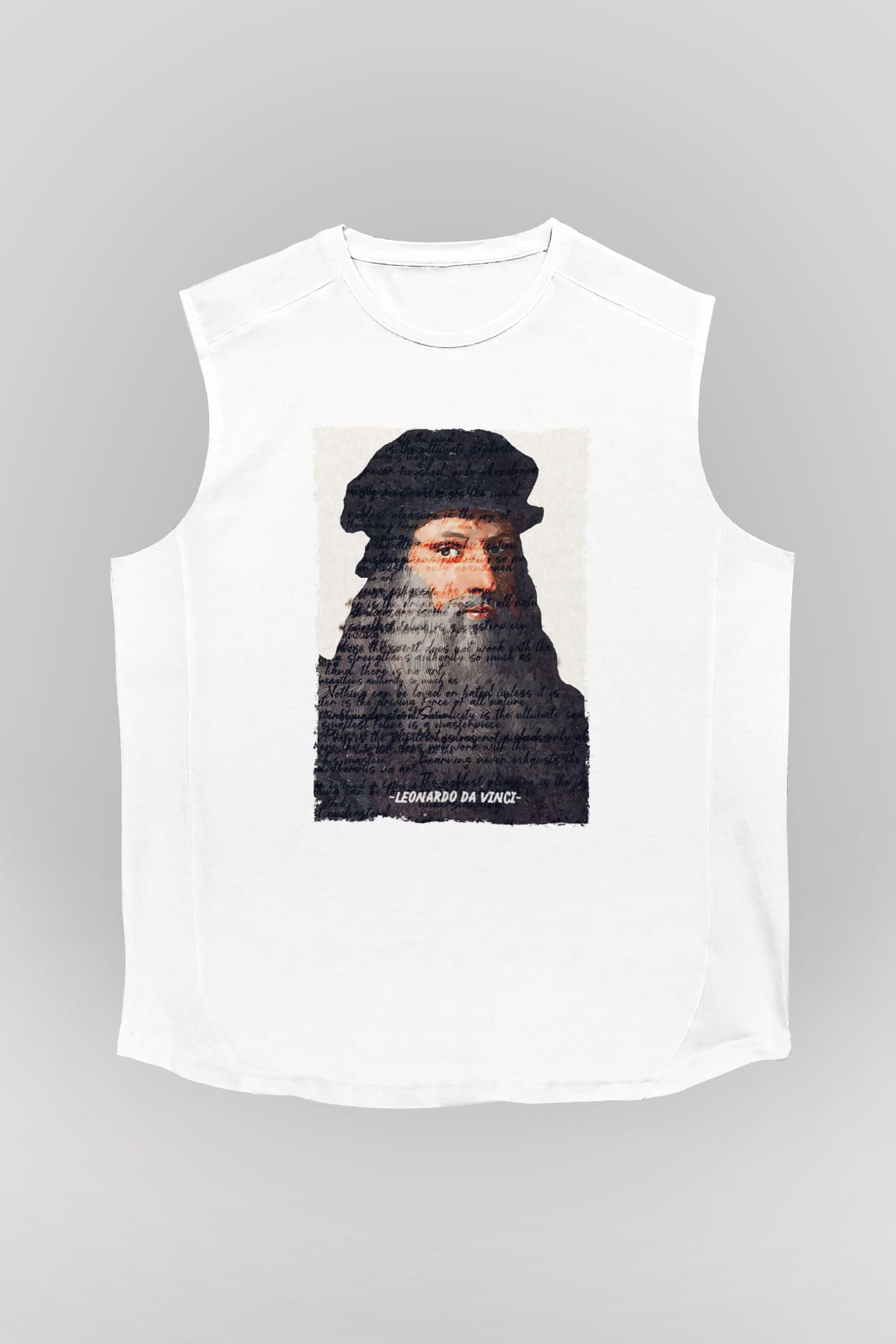 Leonardo Da Vinci Yazılı Portre Baskılı Unisex Kolsuz Beyaz Tişört - Tshirt