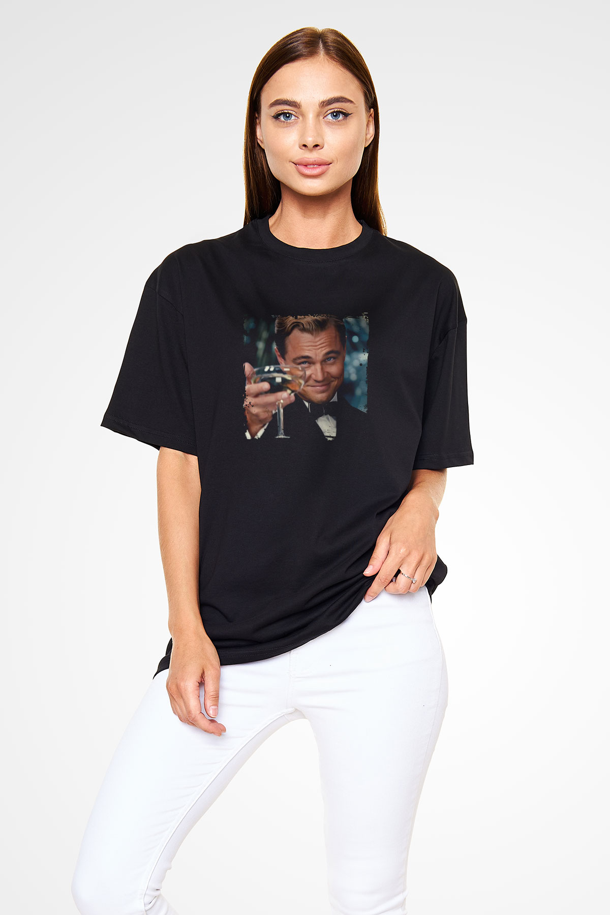 Leonardo DiCaprio Baskılı Unisex Siyah Oversize Tişört