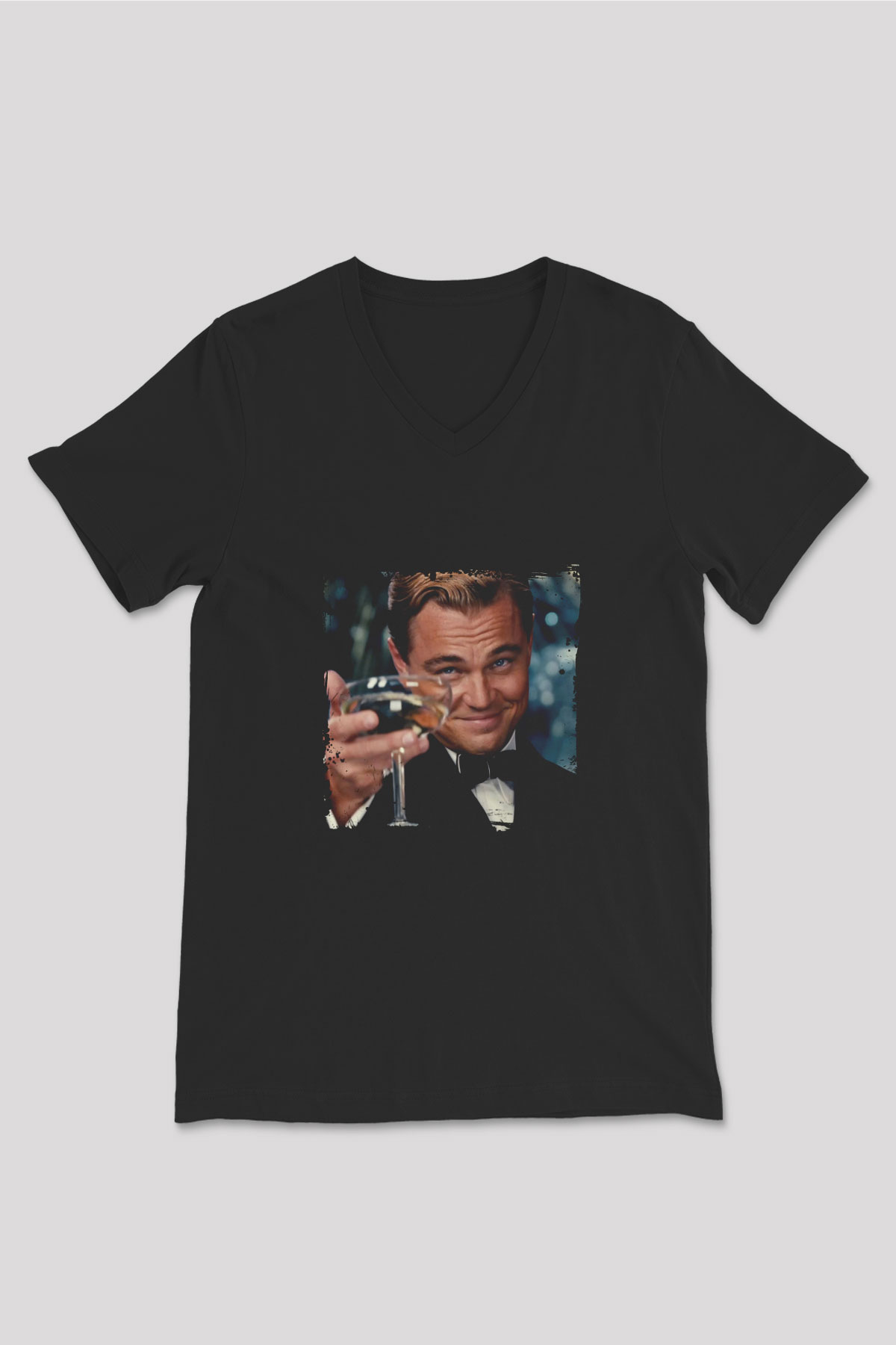 Leonardo DiCaprio Baskılı Unisex Siyah V Yaka Tişört