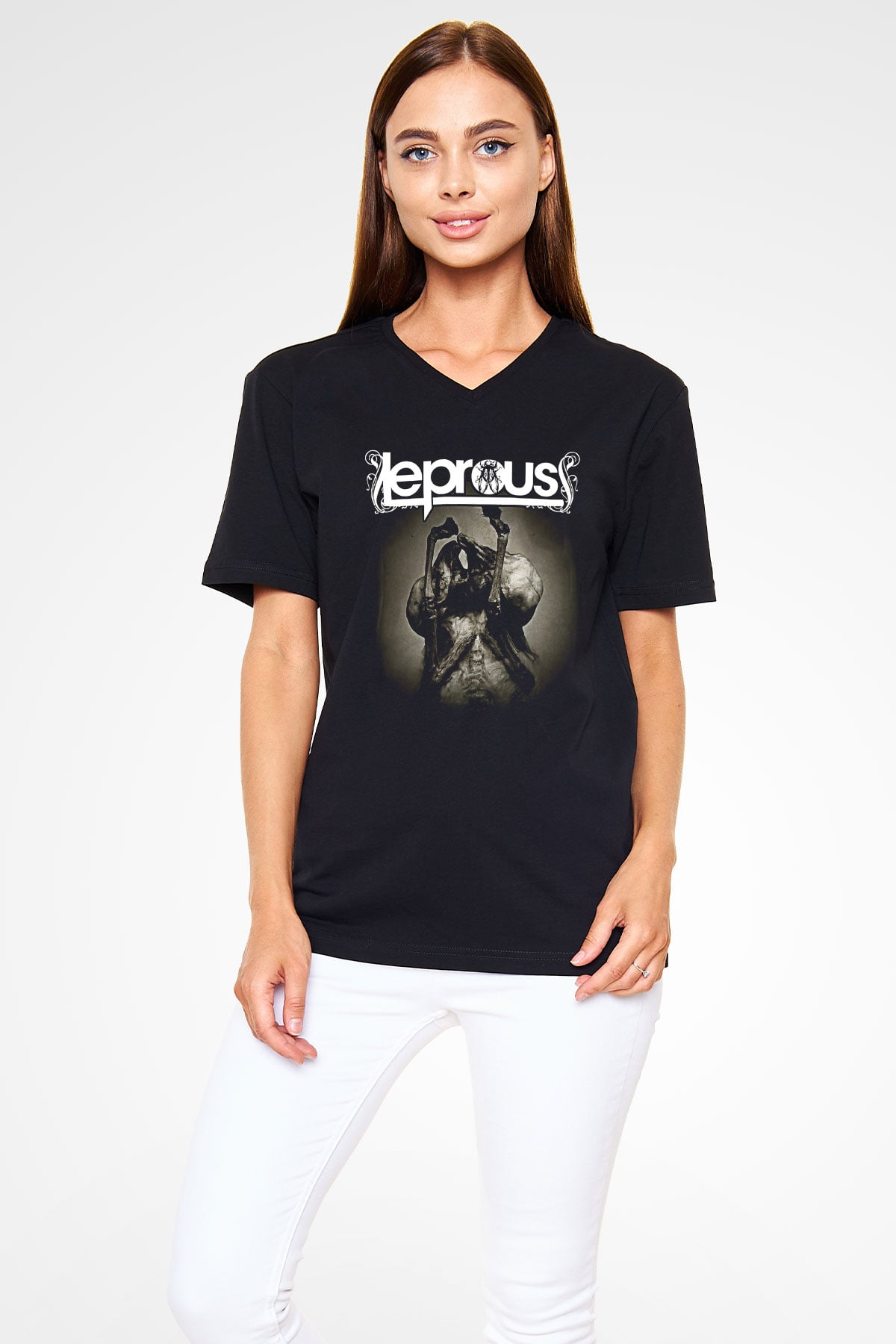 Leprous Baskılı Unisex Siyah V Yaka Tişört - Tshirt