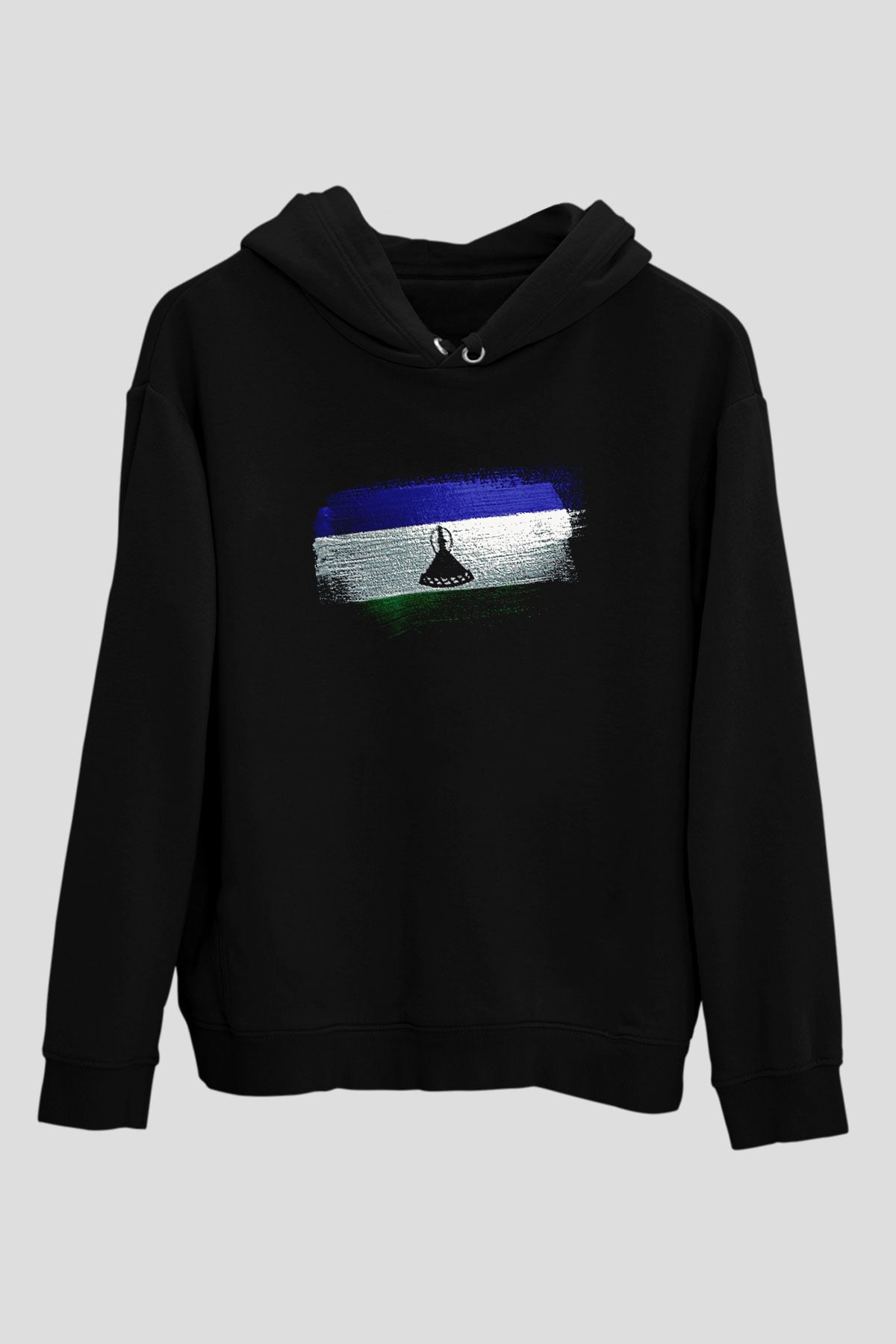Lesotho Bayrağı Baskılı Unisex Siyah Kapüşonlu Sweatshirt