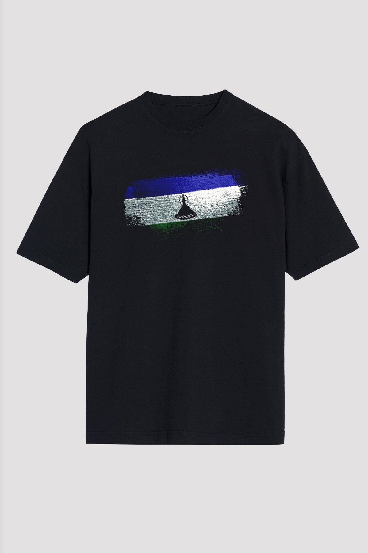Lesotho Bayrağı Baskılı Unisex Siyah Oversize Tişört