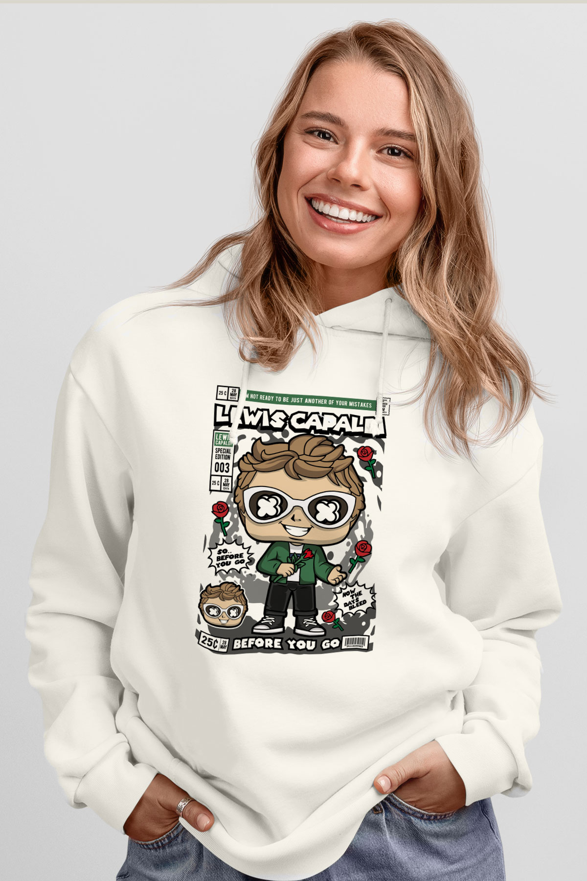 Lewis Capaldi  Baskılı Unisex Beyaz Hoodie
