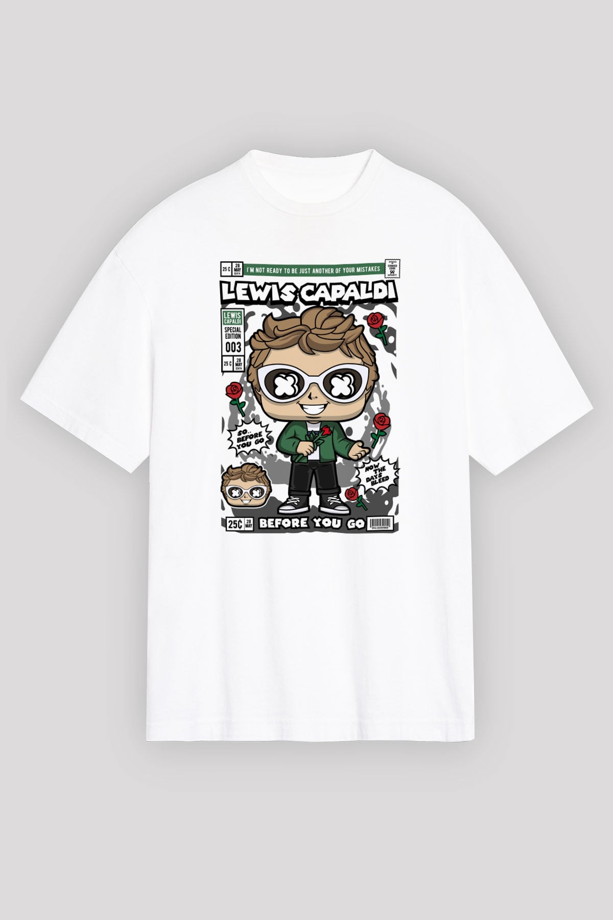 Lewis Capaldi  Baskılı Unisex Beyaz Oversize Tişört