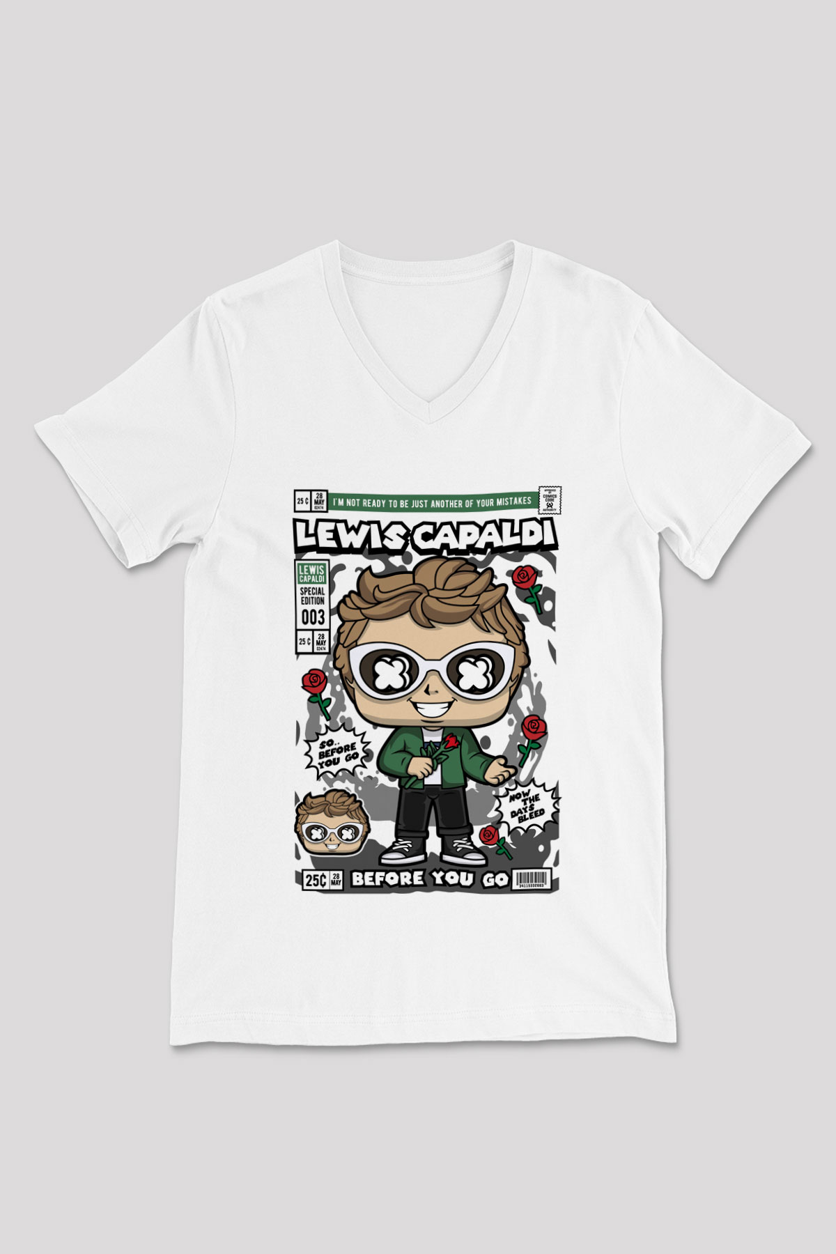 Lewis Capaldi  Baskılı Unisex Beyaz V Yaka Tişört