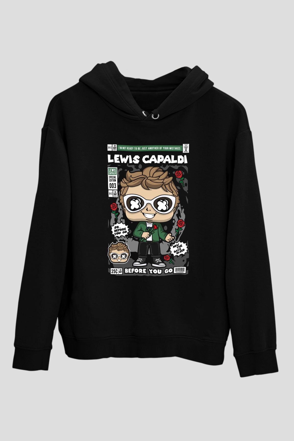 Lewis Capaldi Baskılı Unisex Siyah Hoodie
