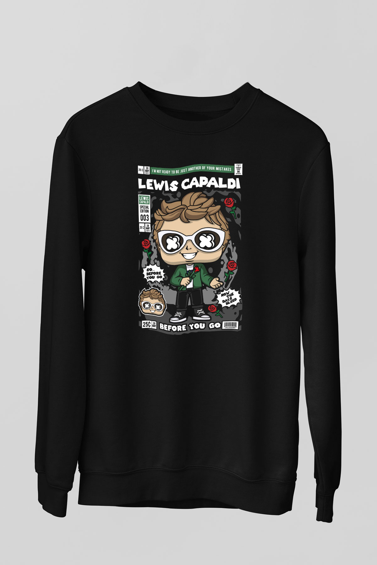 Lewis Capaldi Baskılı Unisex Siyah Sweatshirt