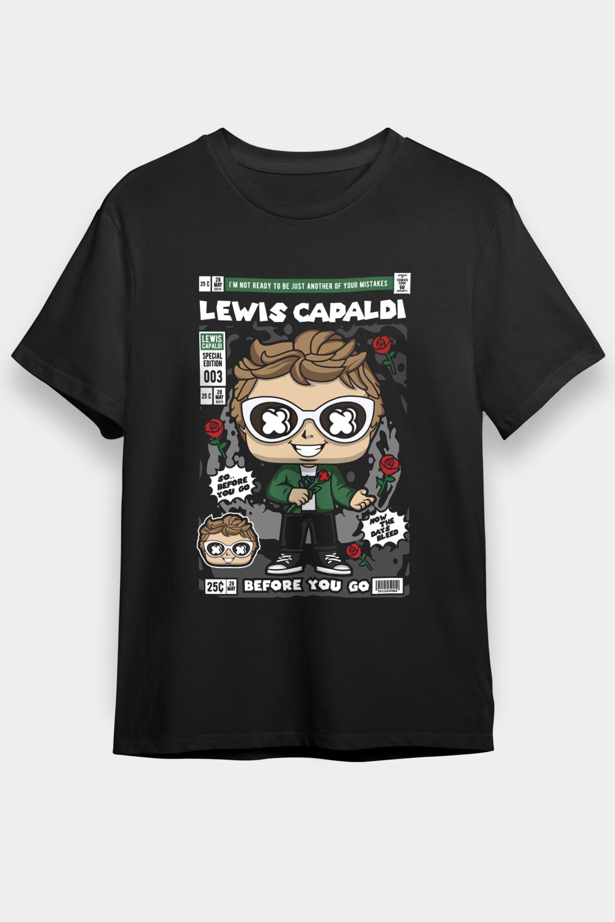 Lewis Capaldi Baskılı Unisex Siyah Tişört