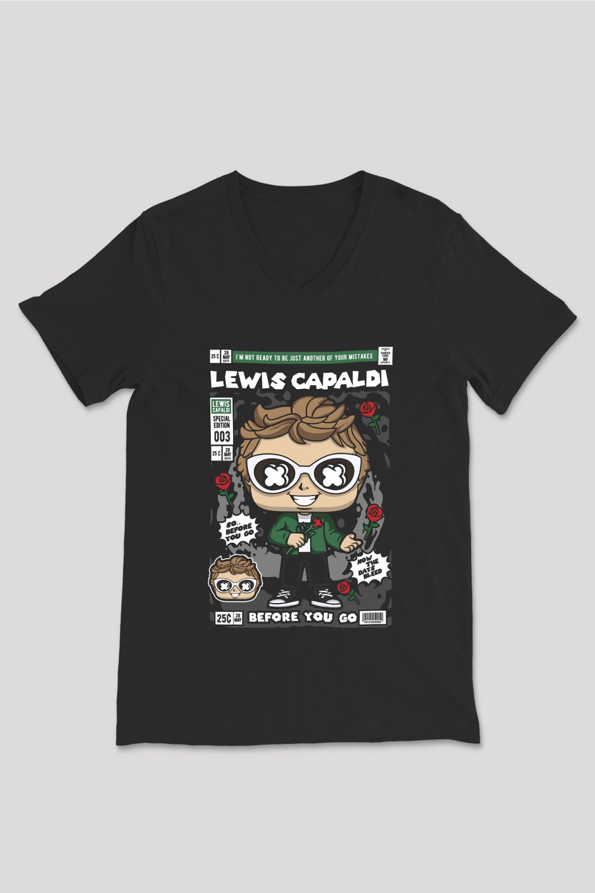 Lewis Capaldi Baskılı Unisex Siyah V Yaka Tişört