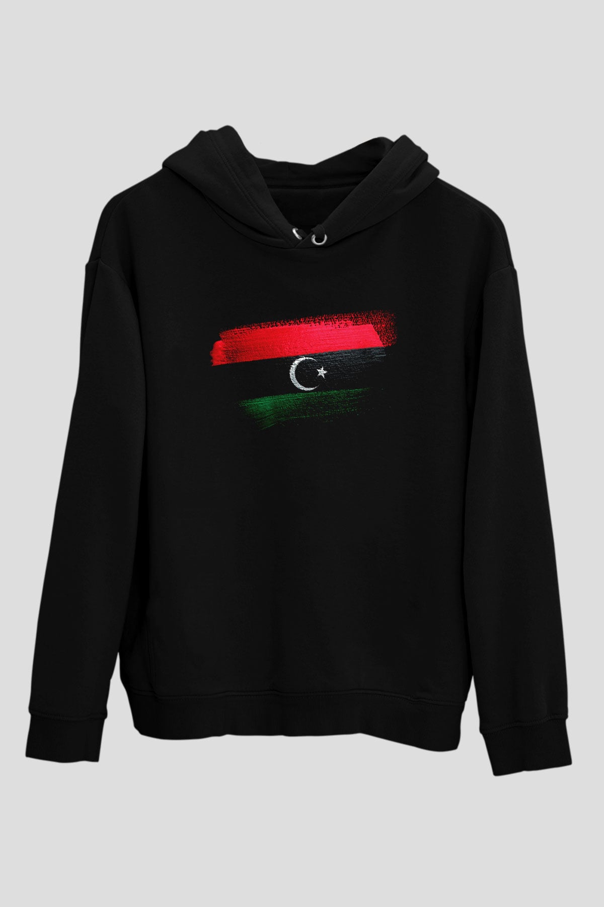 Libya Bayrağı Baskılı Unisex Siyah Kapüşonlu Sweatshirt