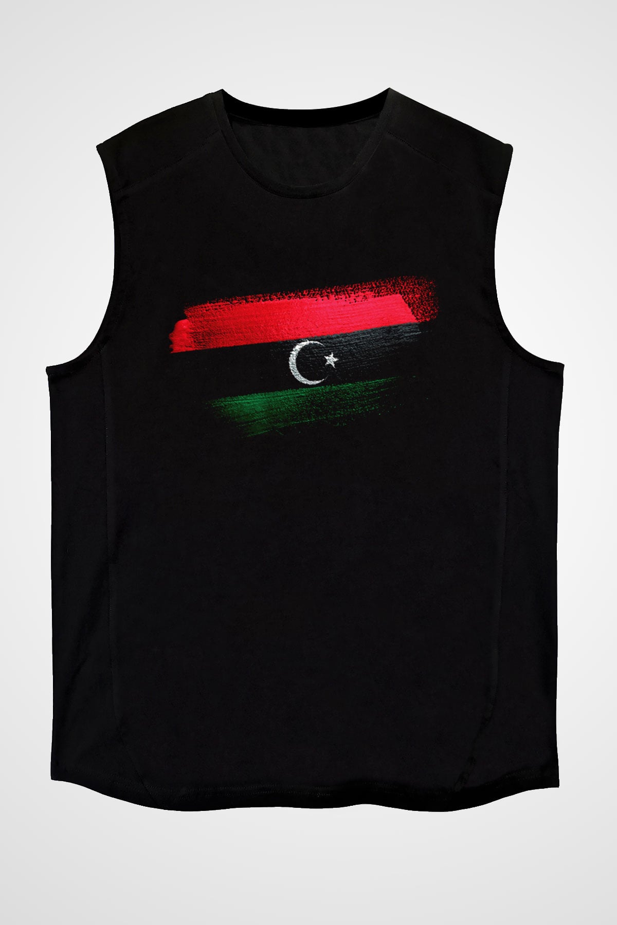 Libya Bayrağı Baskılı Unisex Siyah Kolsuz Tişört