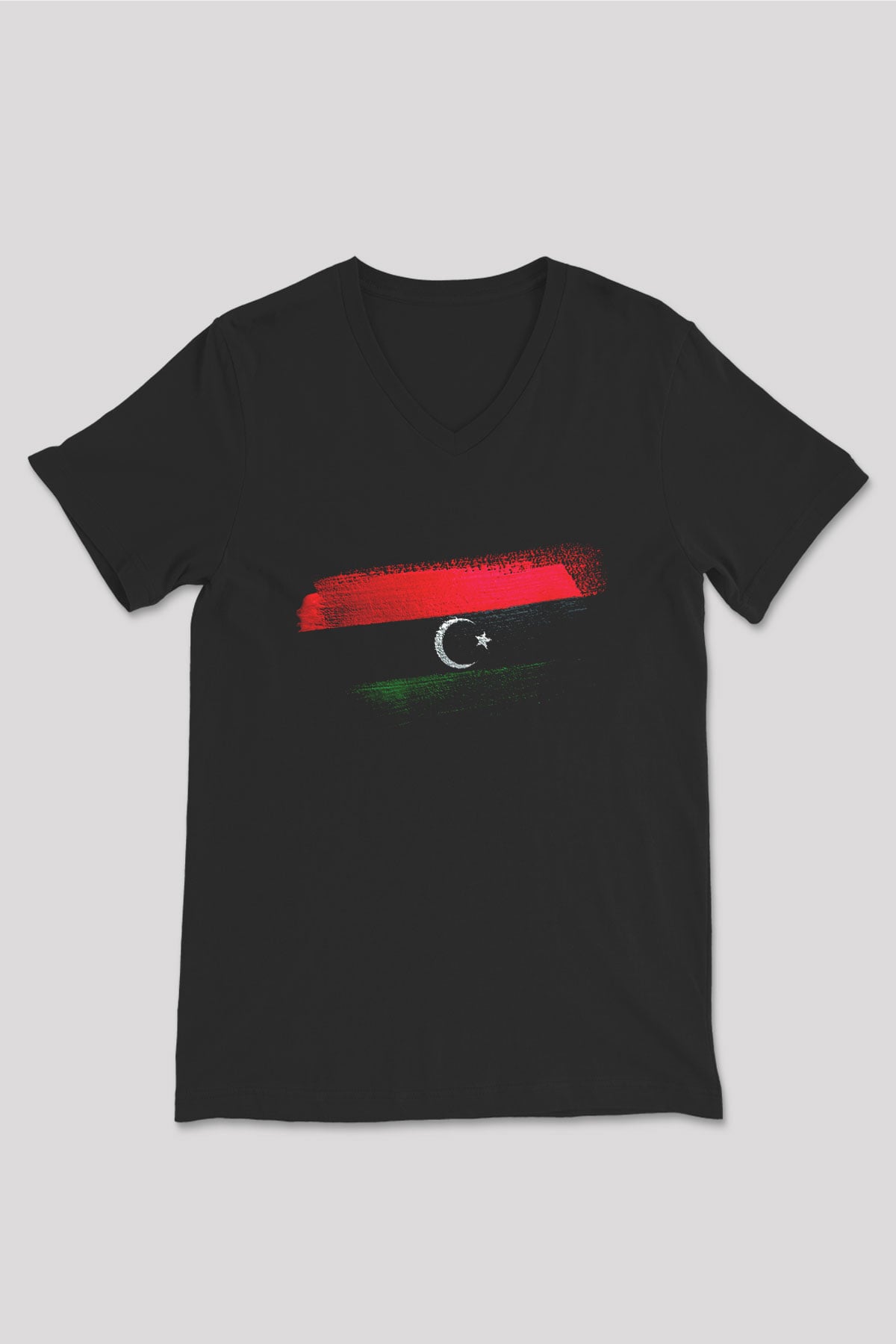 Libya Bayrağı Baskılı Unisex Siyah V Yaka Tişört