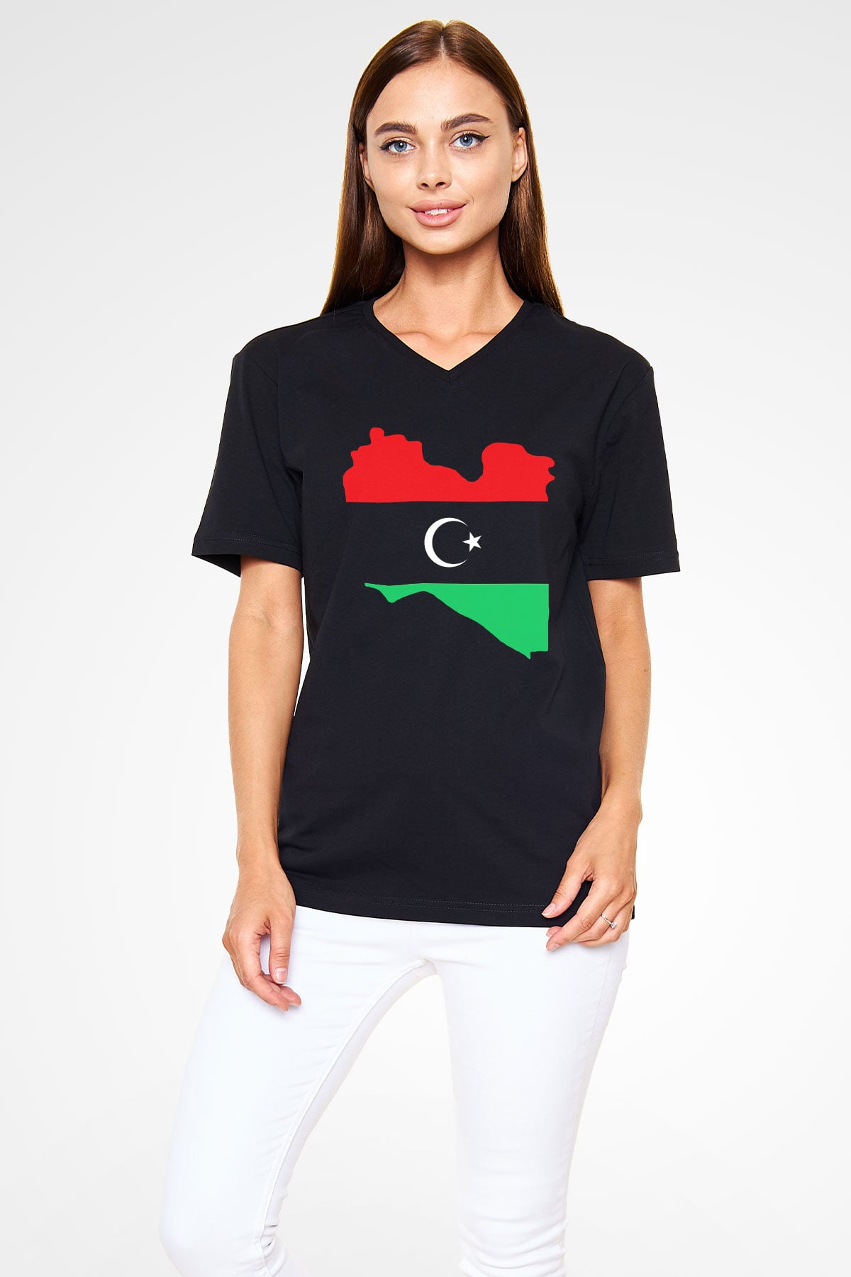 Libya Siyah Unisex V Yaka Tişört T-Shirt