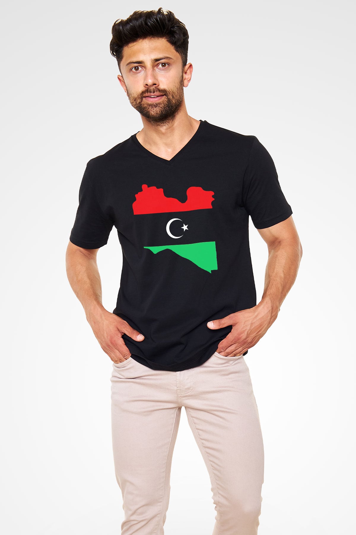 Libya Siyah Unisex V Yaka Tişört T-Shirt