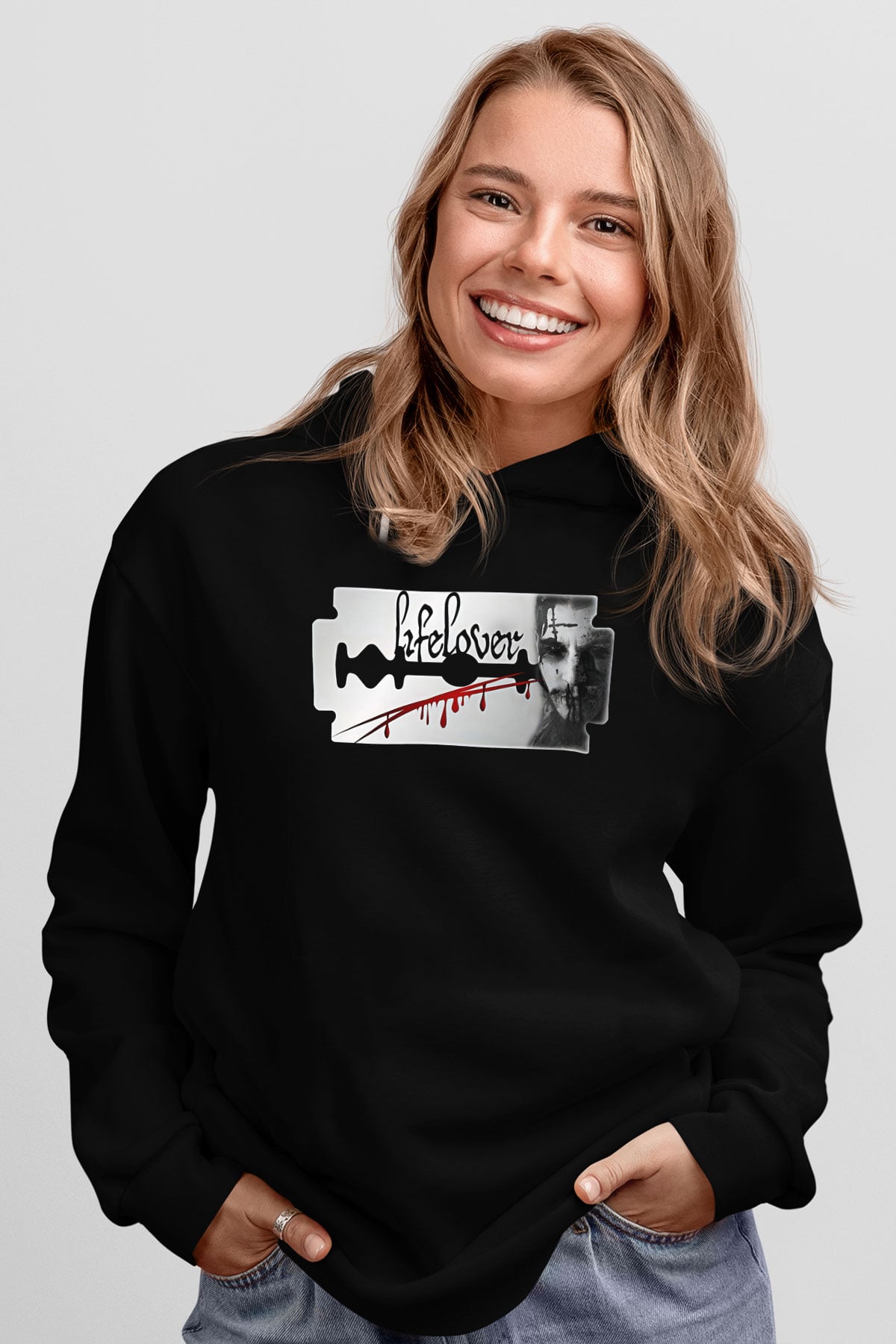 Lifelover Baskılı Unisex Siyah Kapüşonlu Sweatshirt
