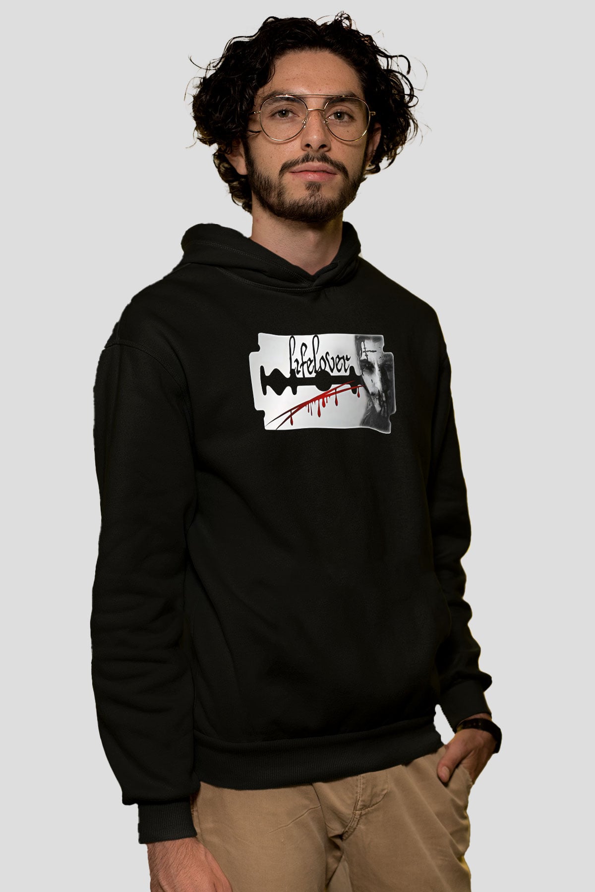 Lifelover Baskılı Unisex Siyah Kapüşonlu Sweatshirt