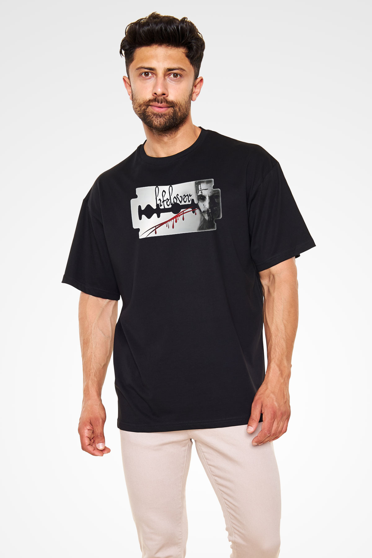 Lifelover Baskılı Unisex Siyah Oversize Tişört - Tshirt