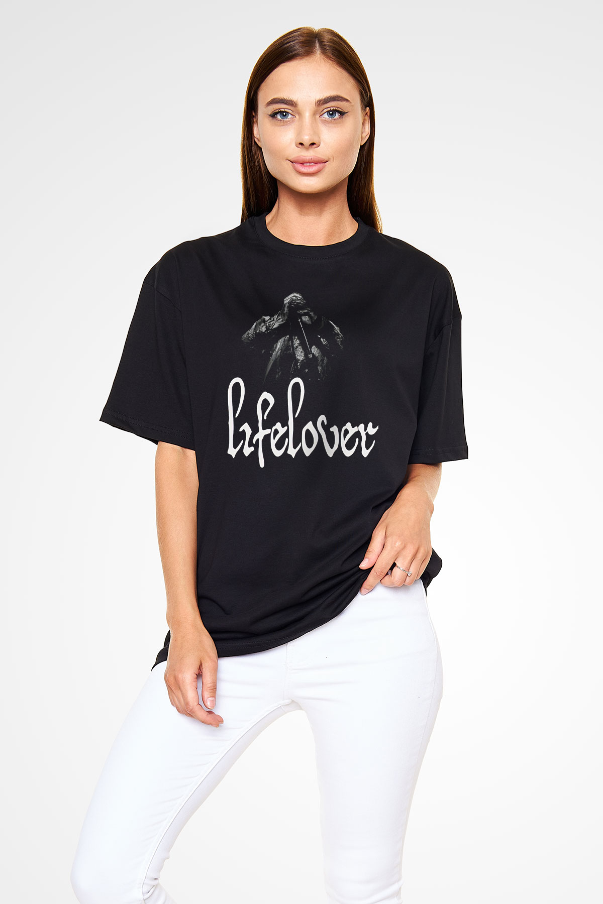 Lifelover Baskılı Unisex Siyah Oversize Tişört - Tshirt