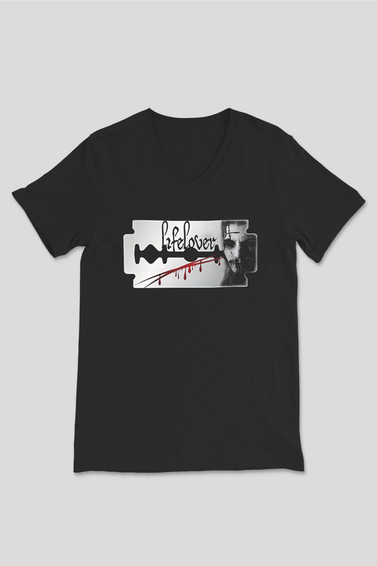 Lifelover Baskılı Unisex Siyah V Yaka Tişört - Tshirt
