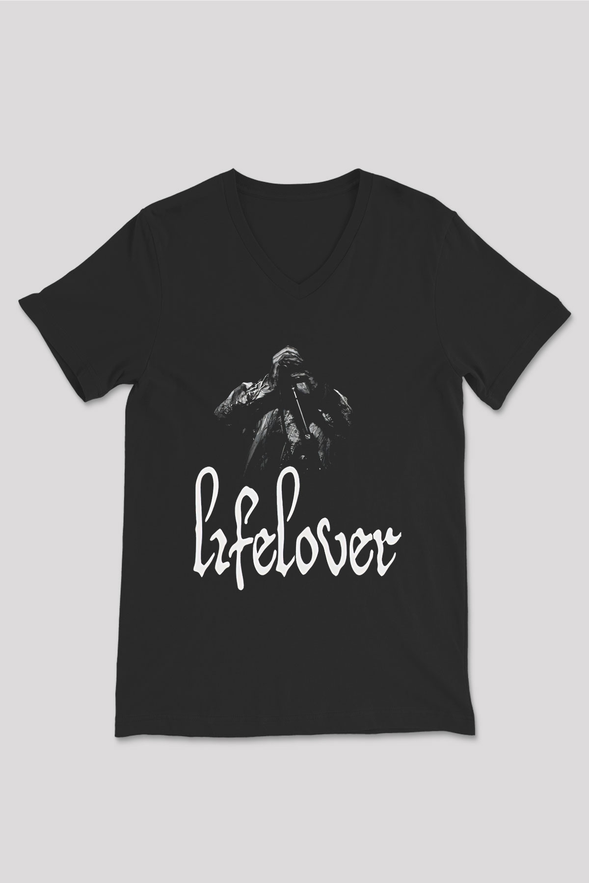 Lifelover Baskılı Unisex Siyah V Yaka Tişört - Tshirt