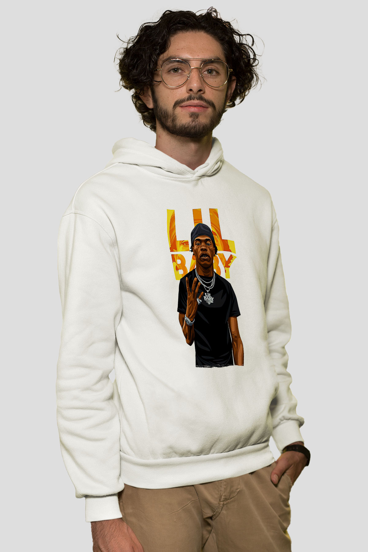 Lil Baby Baskılı Beyaz Unisex Kapüşonlu Sweatshirt