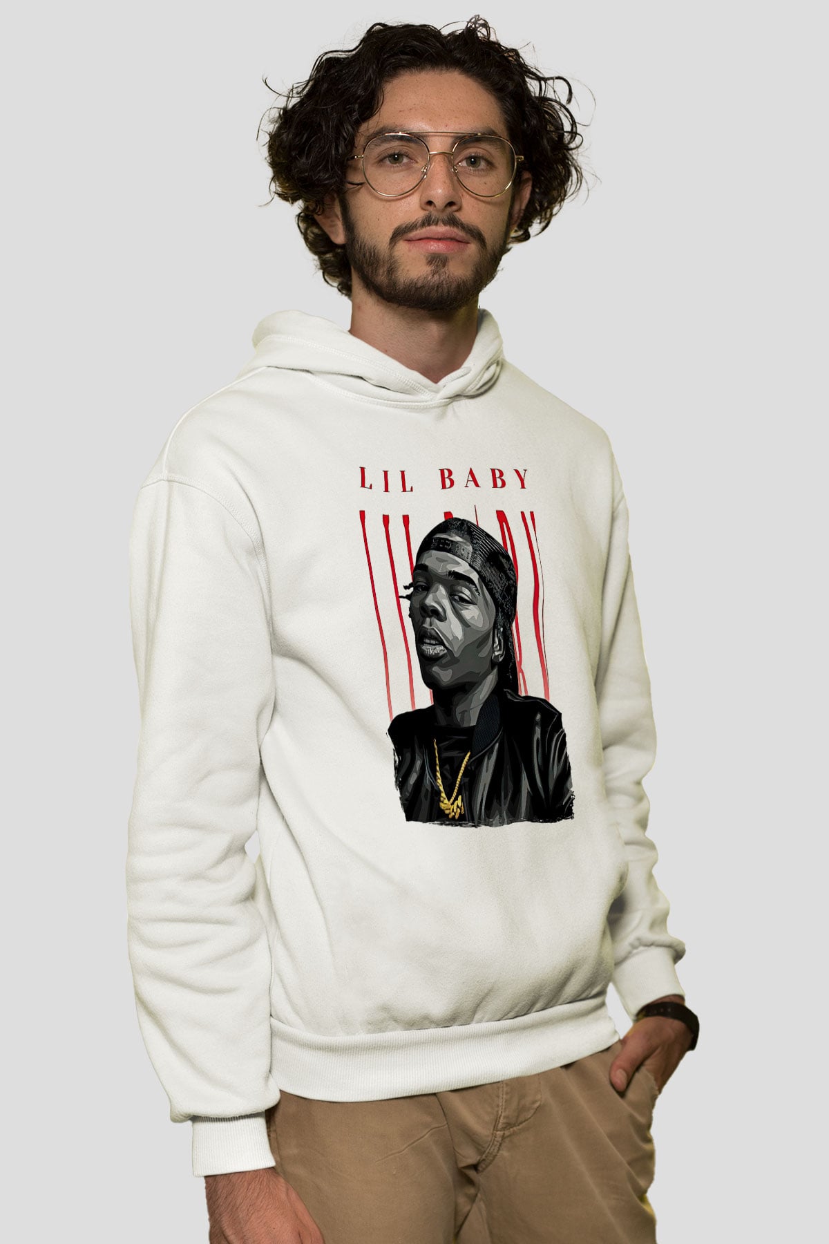 Lil Baby Baskılı Beyaz Unisex Kapüşonlu Sweatshirt
