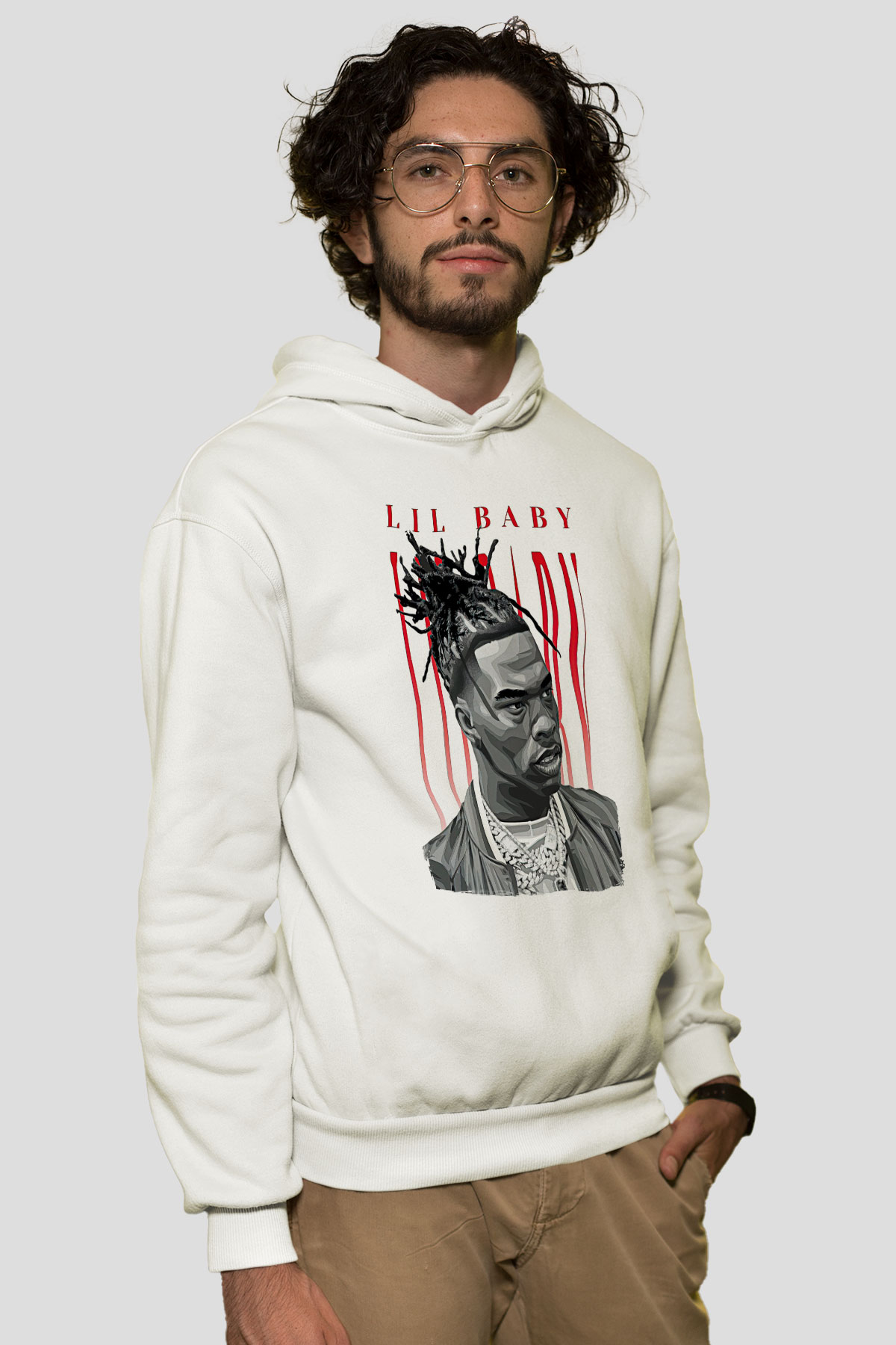 Lil Baby Baskılı Beyaz Unisex Kapüşonlu Sweatshirt