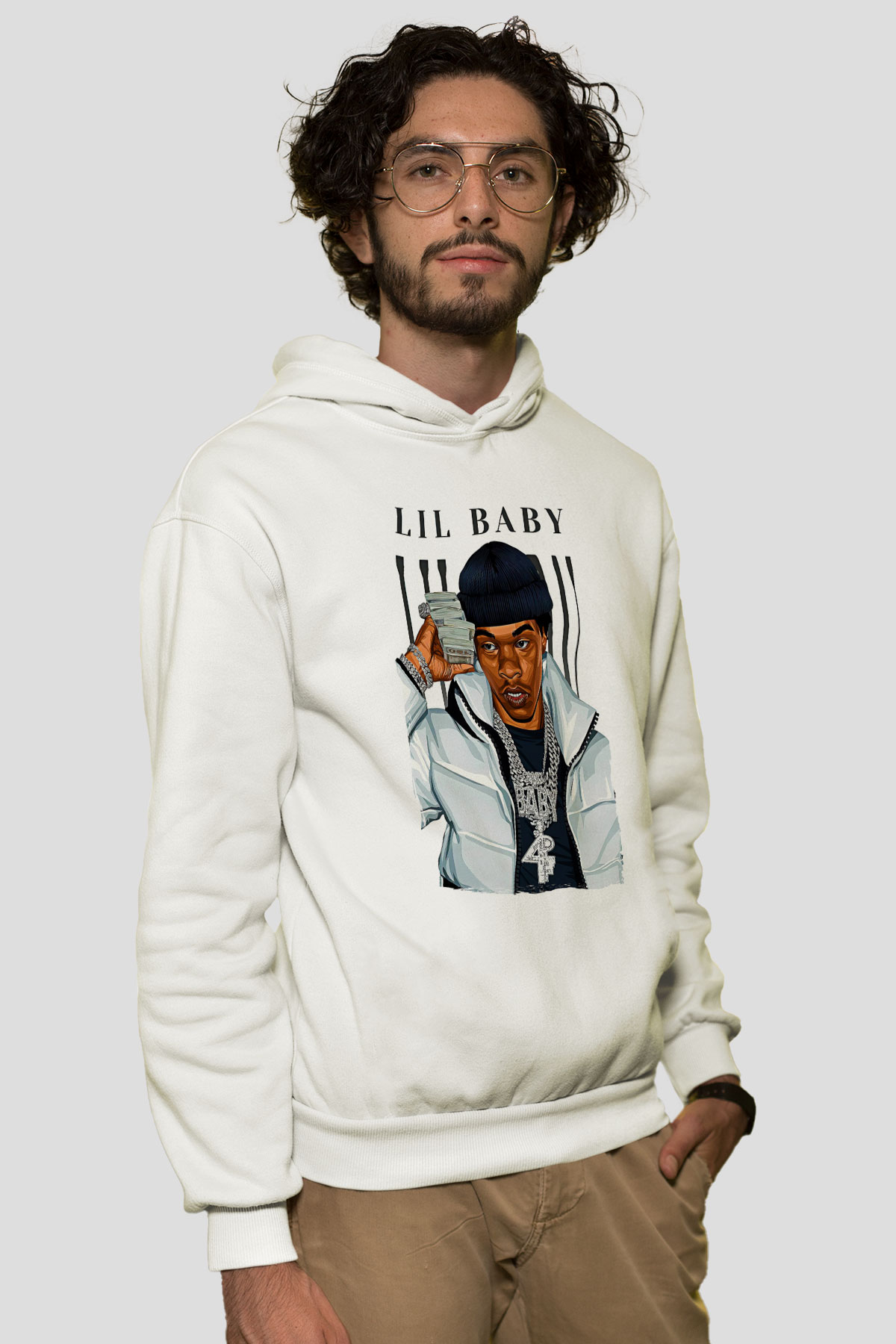 Lil Baby Baskılı Beyaz Unisex Kapüşonlu Sweatshirt