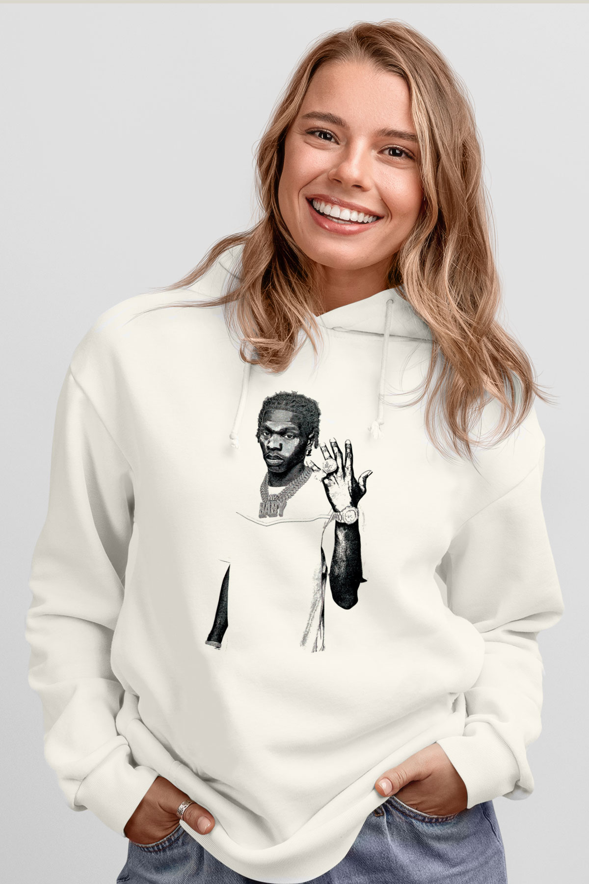 Lil Baby Baskılı Beyaz Unisex Kapüşonlu Sweatshirt