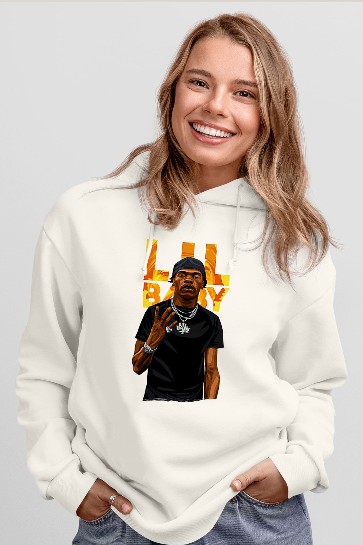 Lil Baby Baskılı Beyaz Unisex Kapüşonlu Sweatshirt