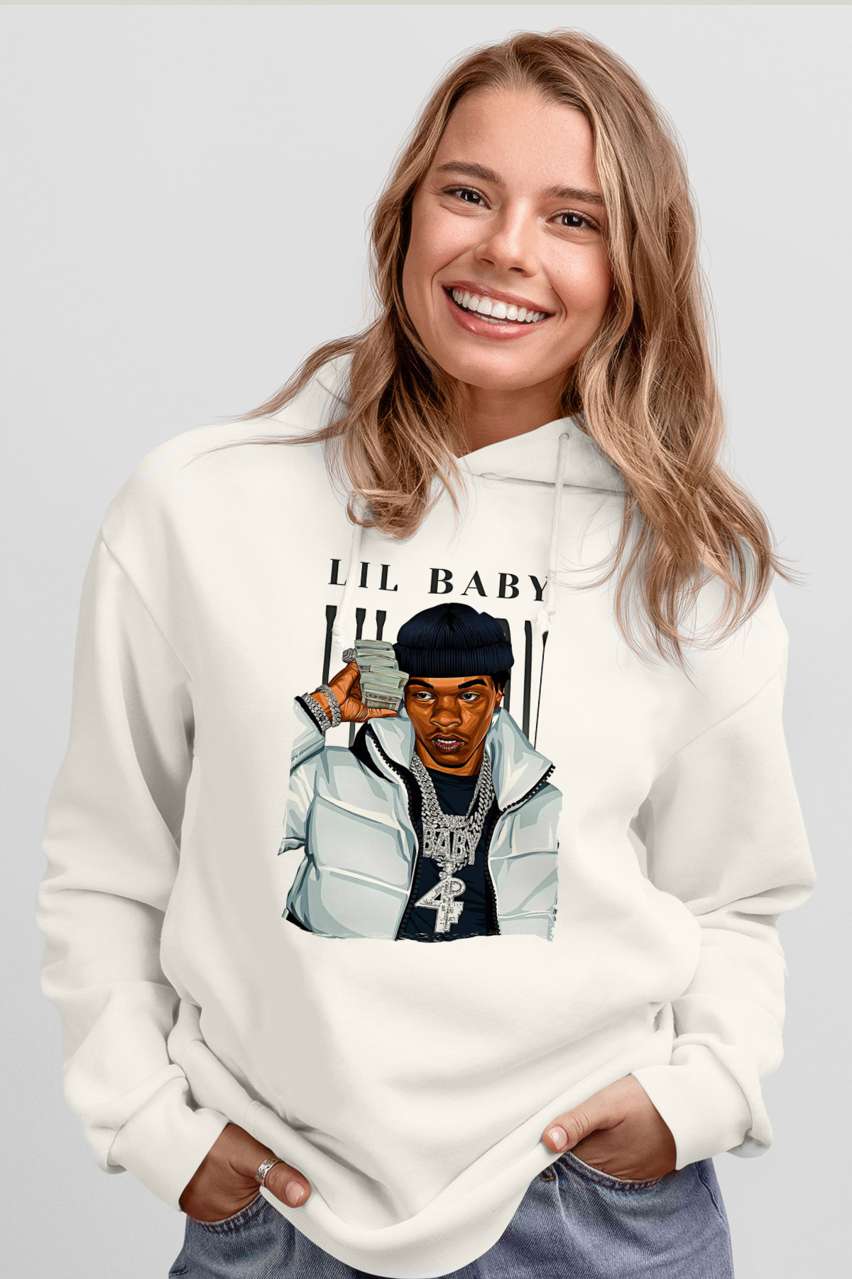 Lil Baby Baskılı Beyaz Unisex Kapüşonlu Sweatshirt