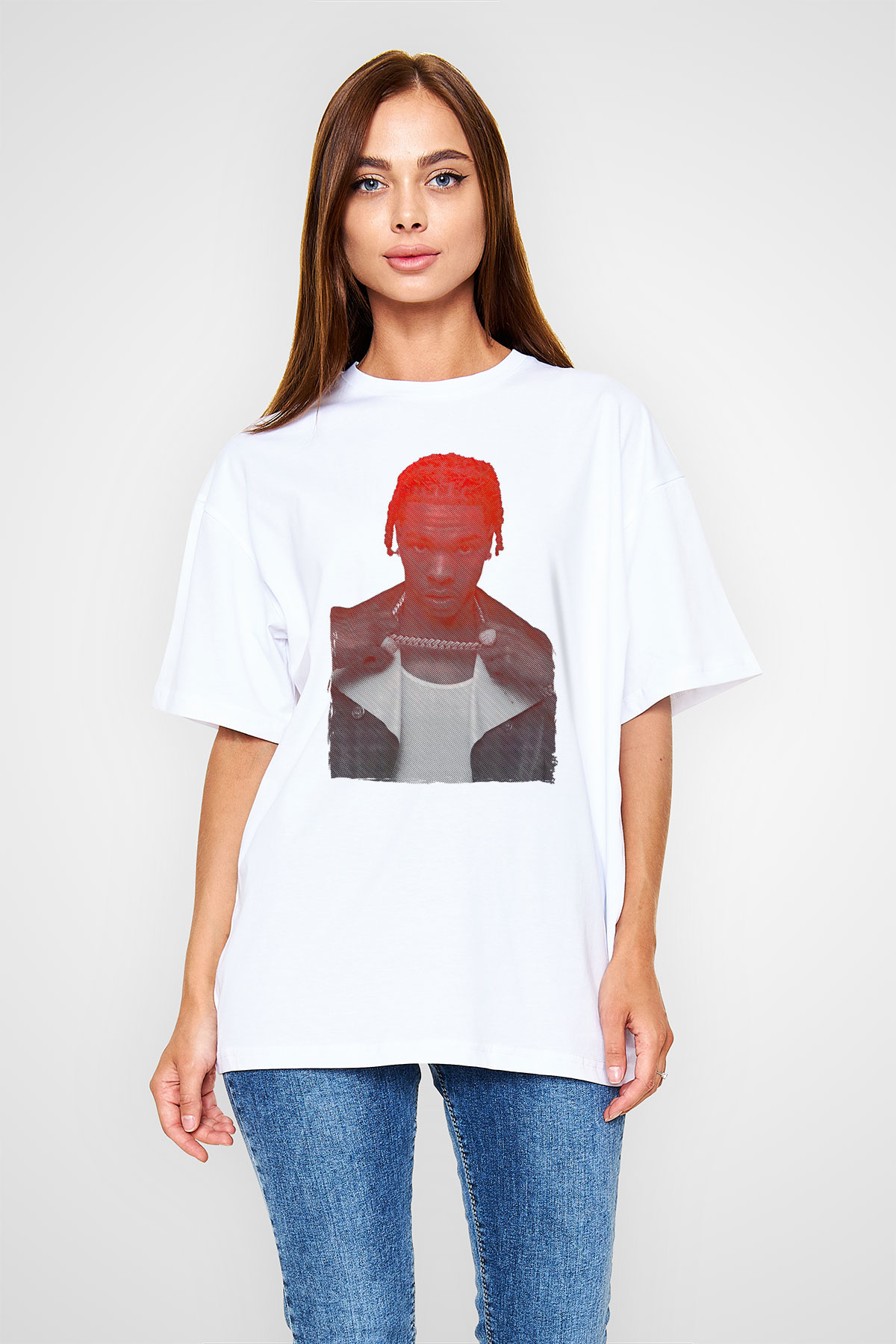 Lil Baby Baskılı Beyaz Unisex Oversize Tişört - Tshirt