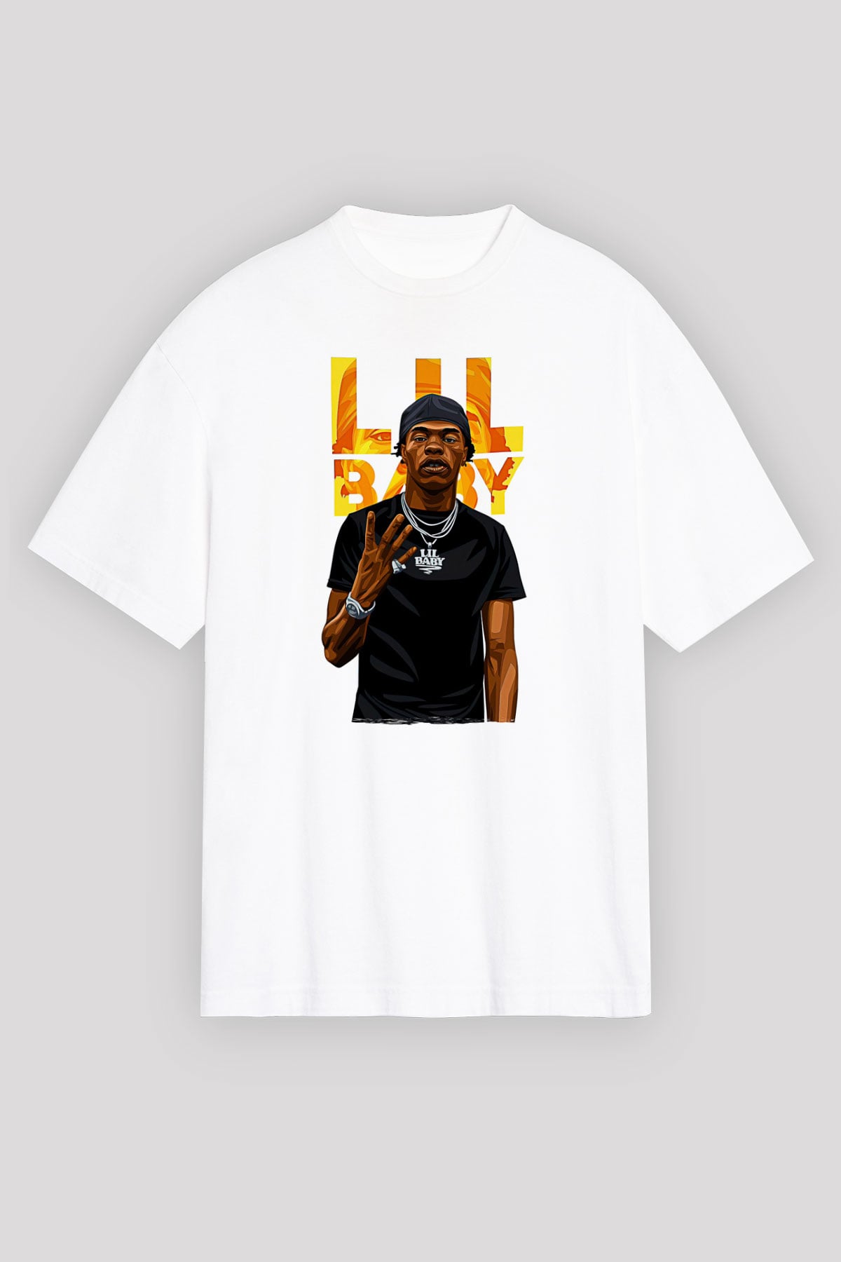 Lil Baby Baskılı Beyaz Unisex Oversize Tişört - Tshirt