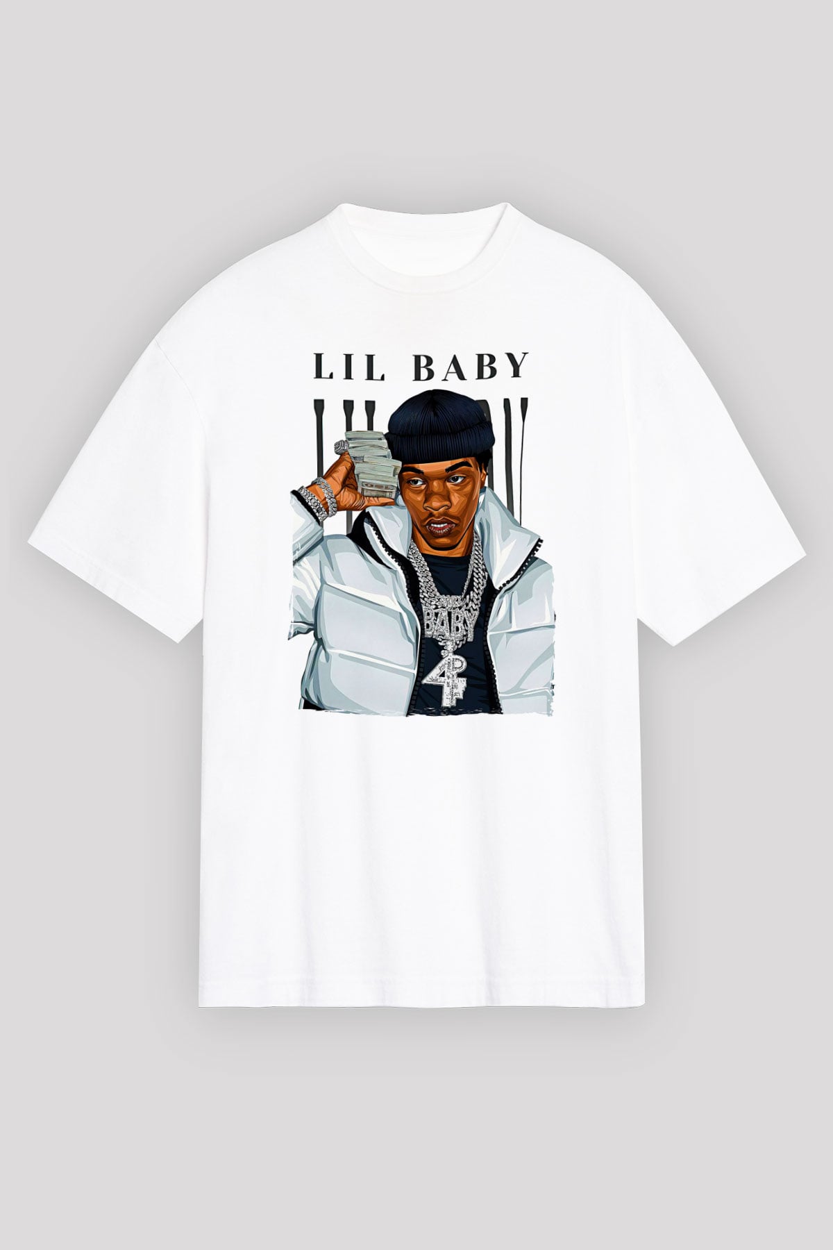 Lil Baby Baskılı Beyaz Unisex Oversize Tişört - Tshirt
