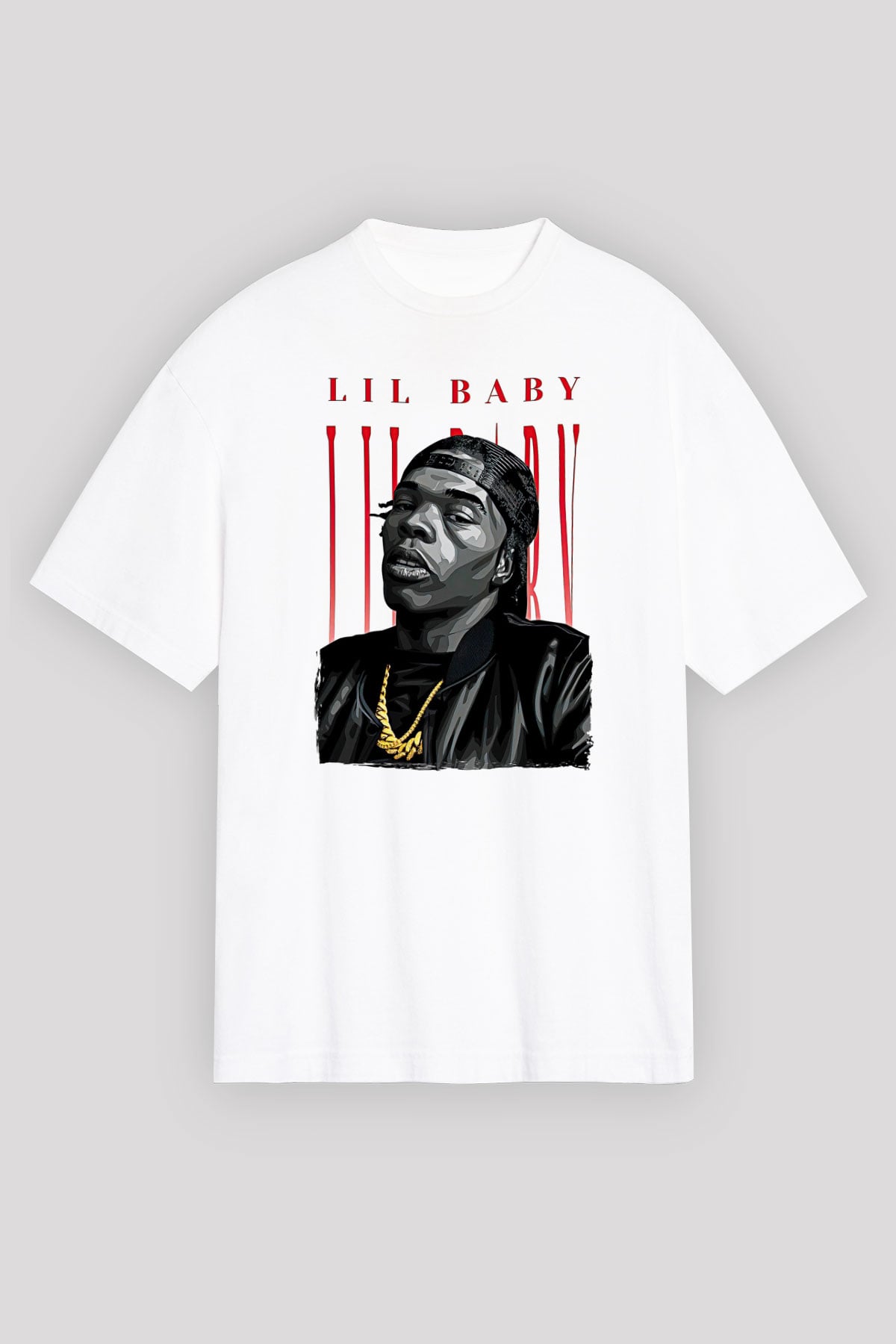 Lil Baby Baskılı Beyaz Unisex Oversize Tişört - Tshirt