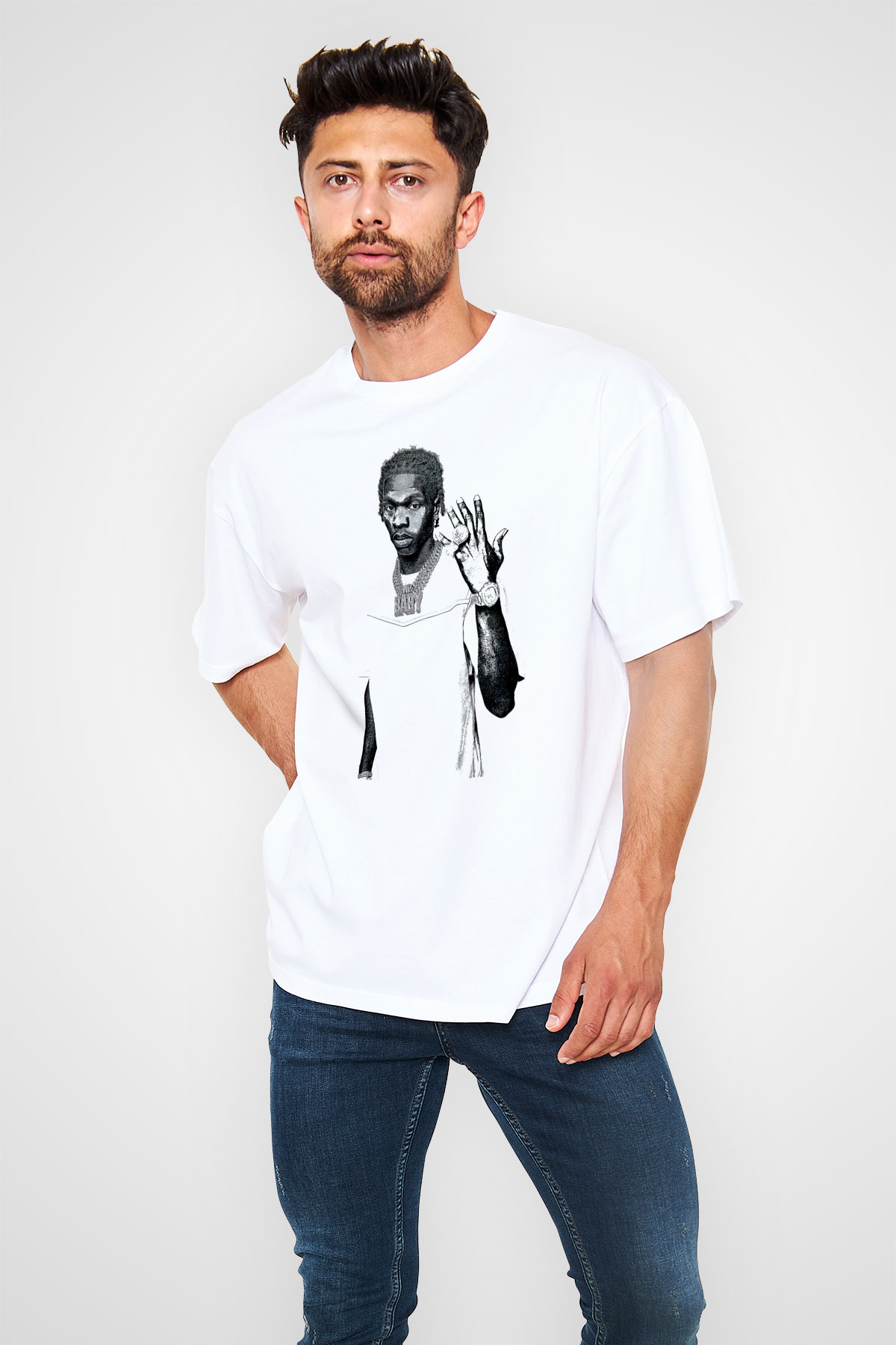 Lil Baby Baskılı Beyaz Unisex Oversize Tişört - Tshirt