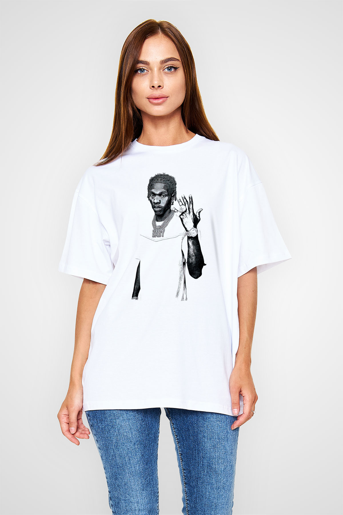 Lil Baby Baskılı Beyaz Unisex Oversize Tişört - Tshirt