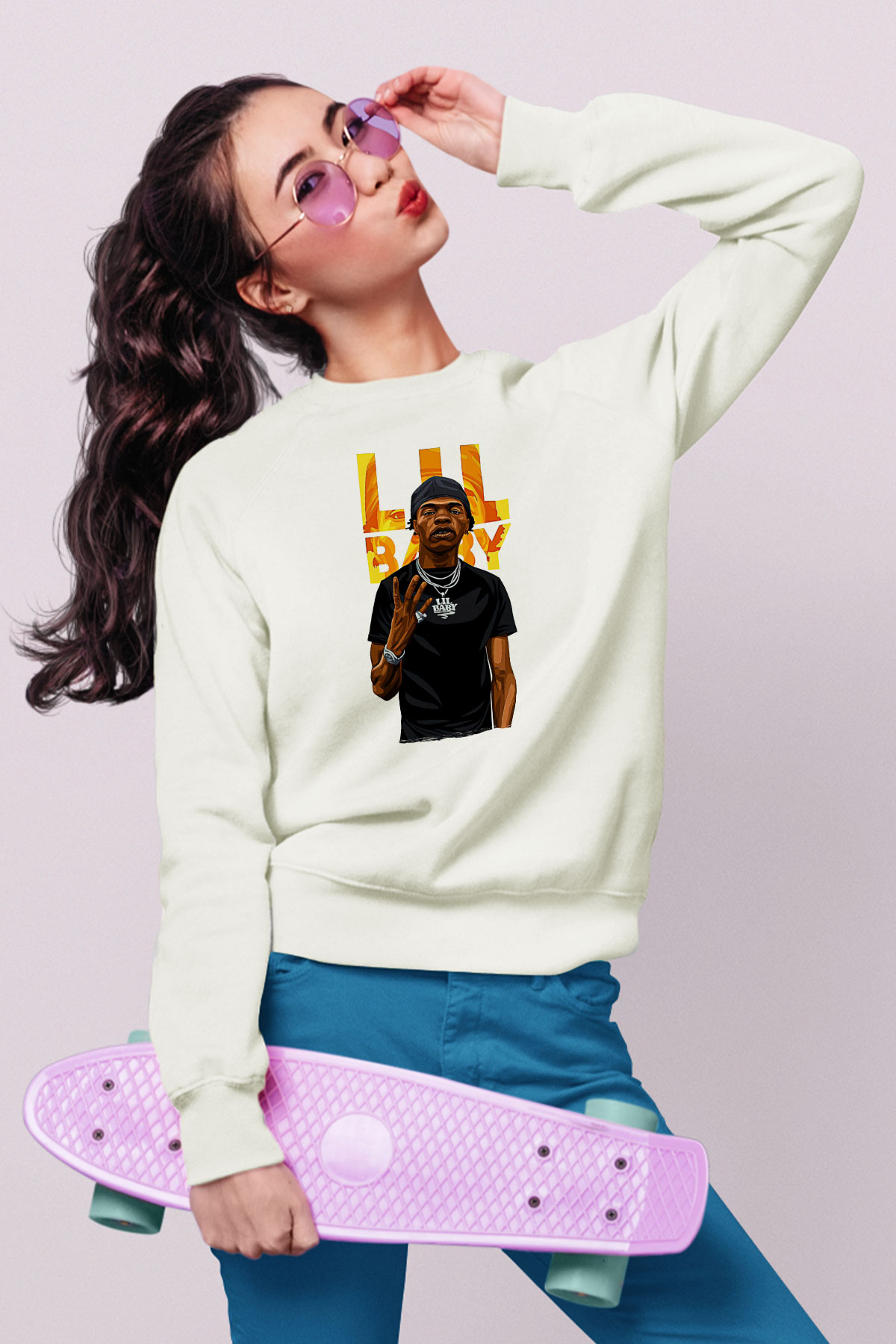 Lil Baby Baskılı Beyaz Unisex Sweatshirt