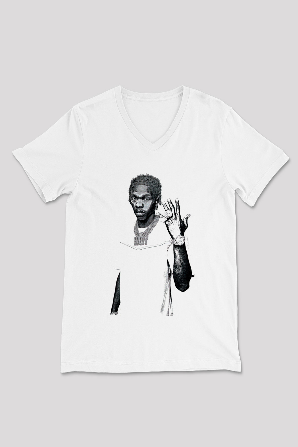 Lil Baby Baskılı Beyaz Unisex V Yaka Tişört - Tshirt