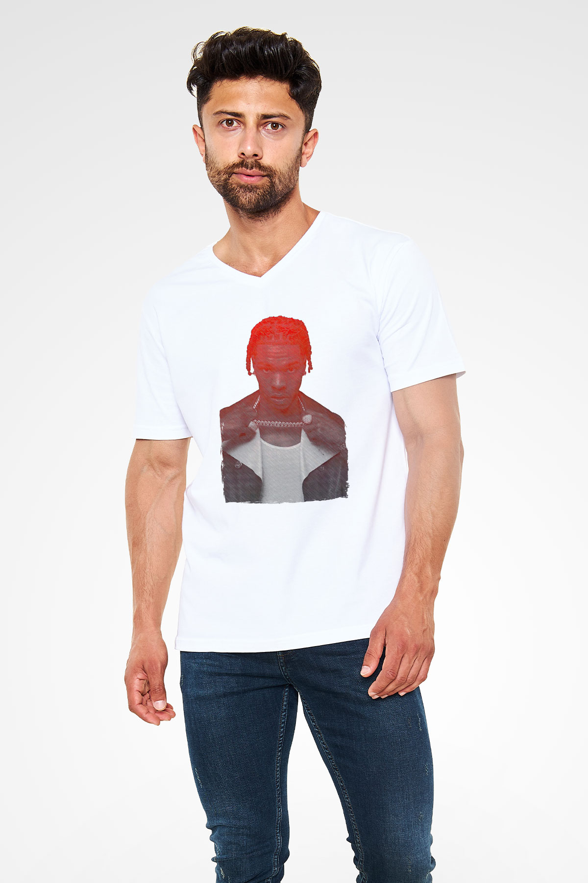 Lil Baby Baskılı Beyaz Unisex V Yaka Tişört - Tshirt