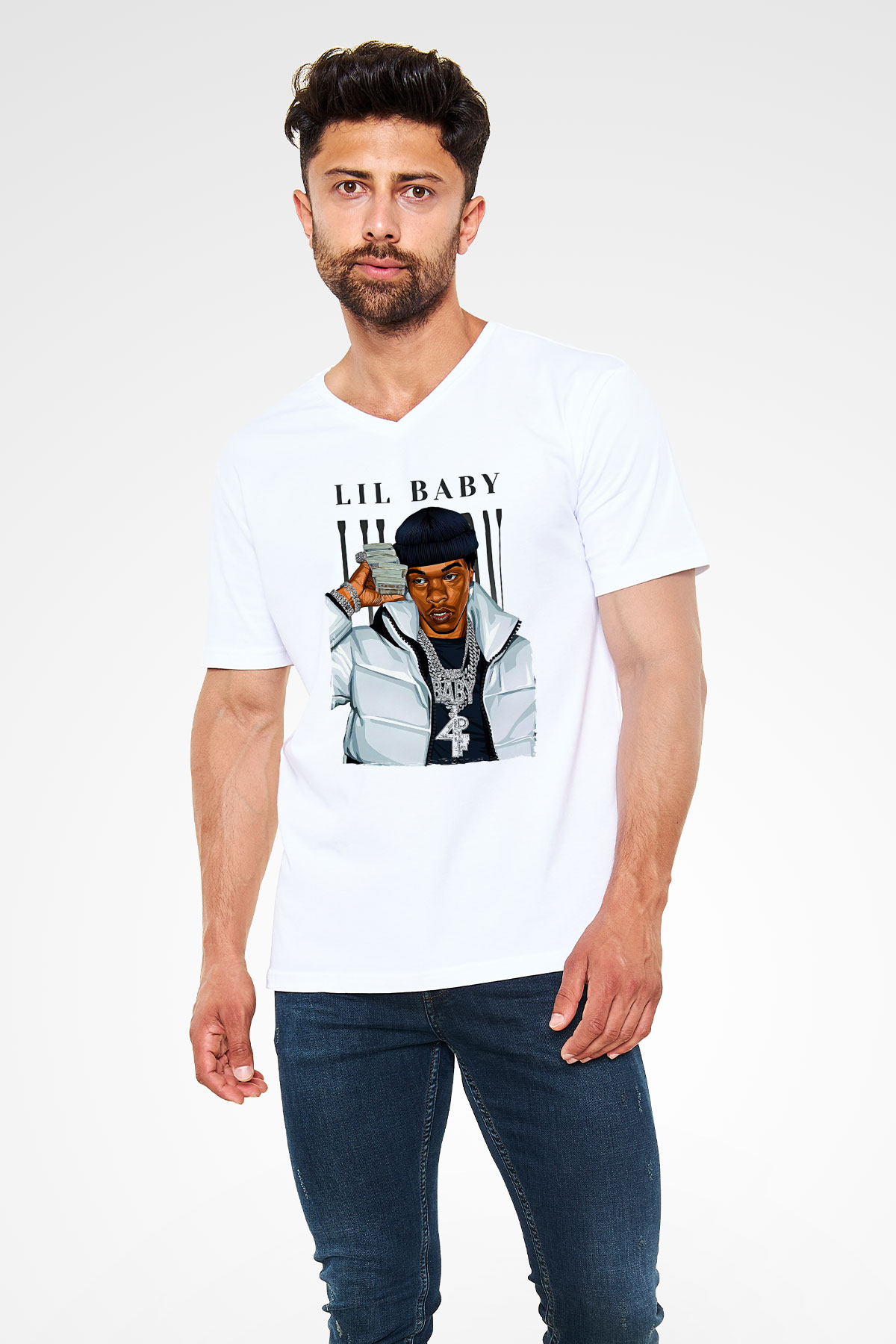 Lil Baby Baskılı Beyaz Unisex V Yaka Tişört - Tshirt