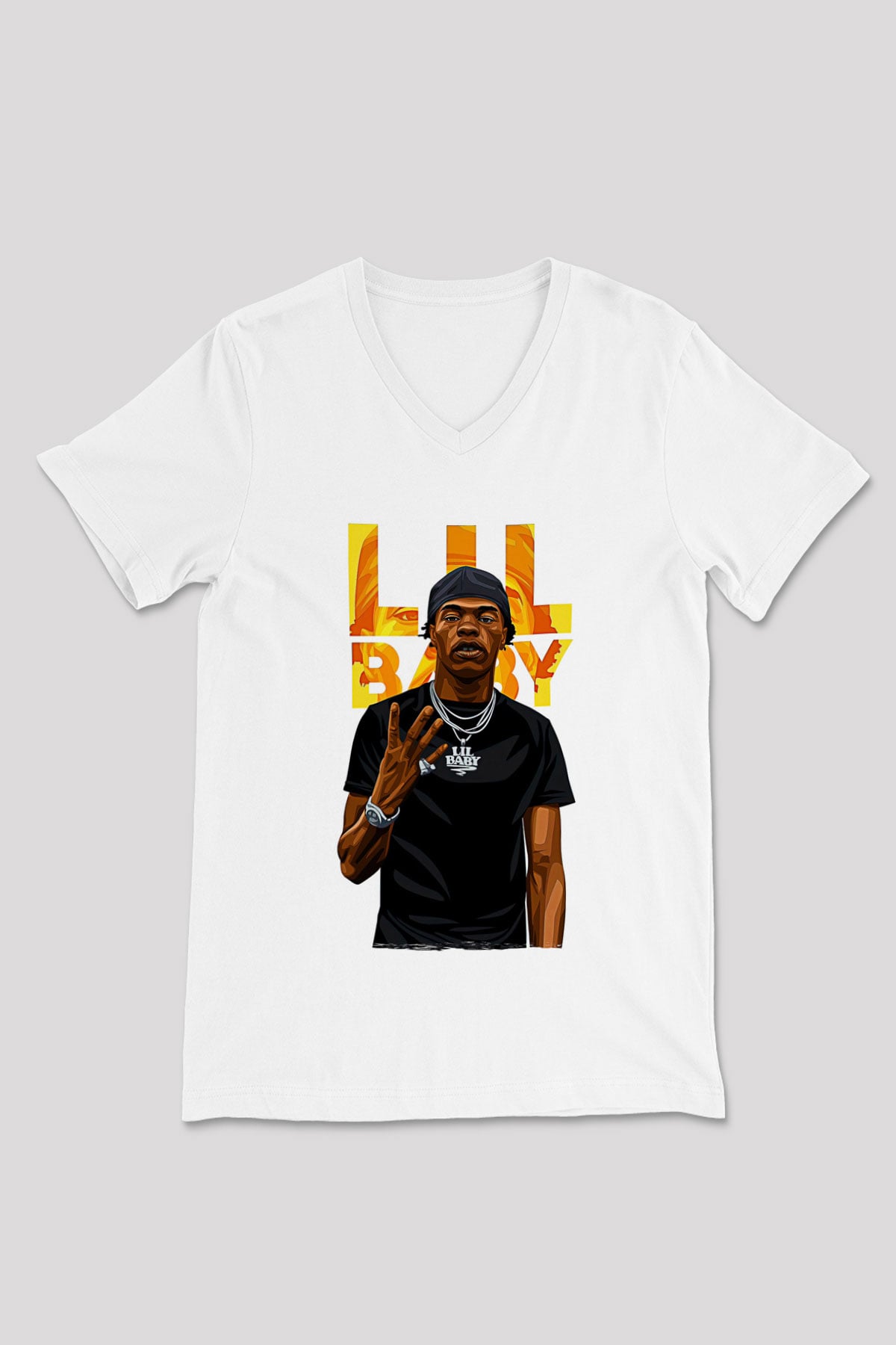 Lil Baby Baskılı Beyaz Unisex V Yaka Tişört - Tshirt