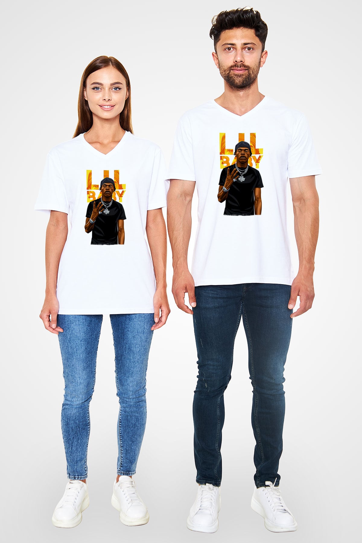 Lil Baby Baskılı Beyaz Unisex V Yaka Tişört - Tshirt