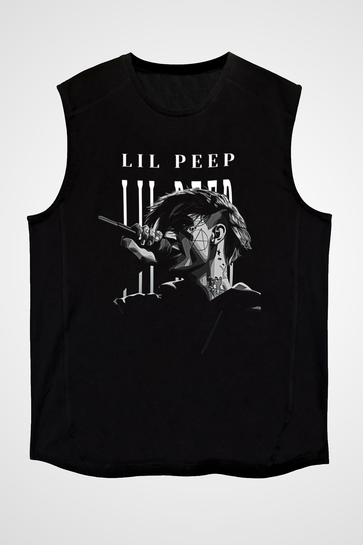 Lil Peep Baskılı Unisex Siyah Kolsuz Tişört - Tshirt