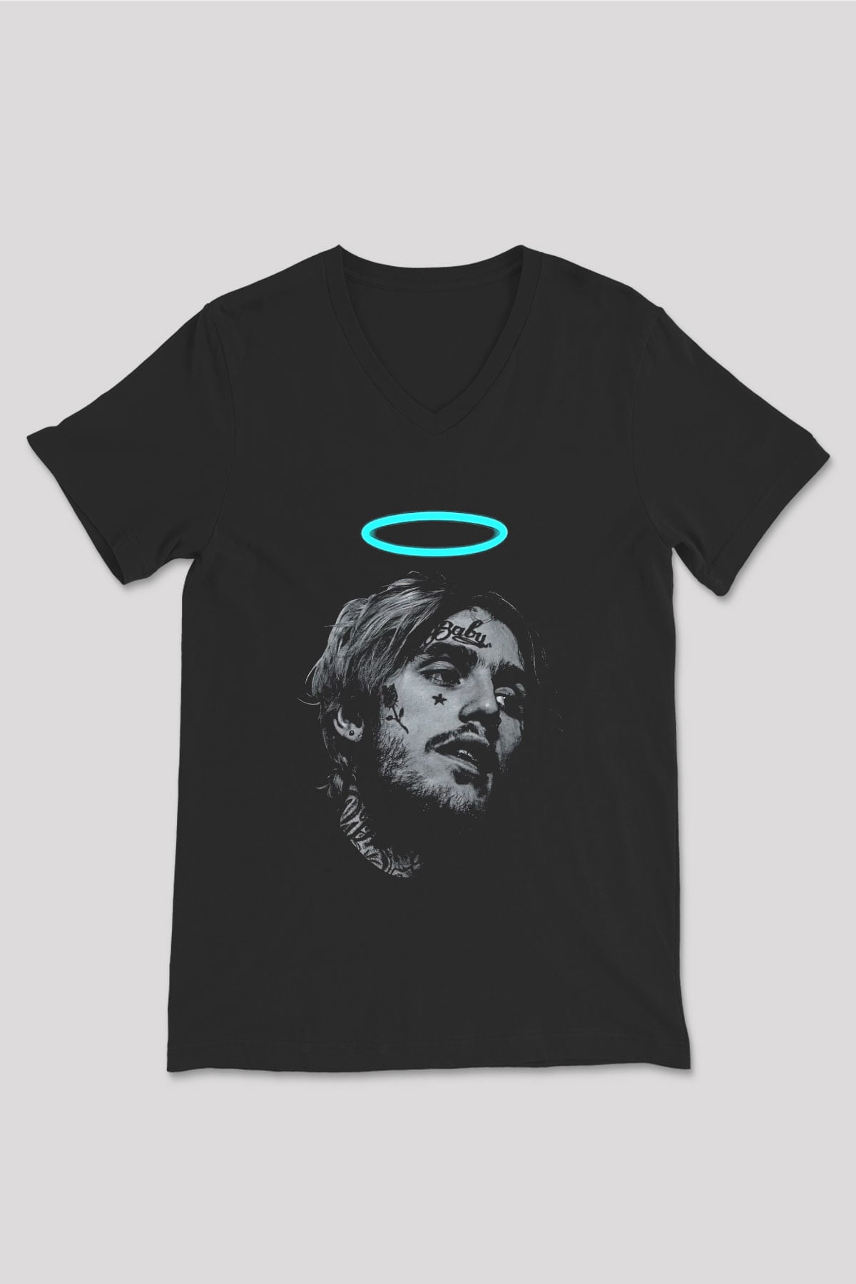 Lil Peep Baskılı Unisex Siyah V Yaka Tişört - Tshirt