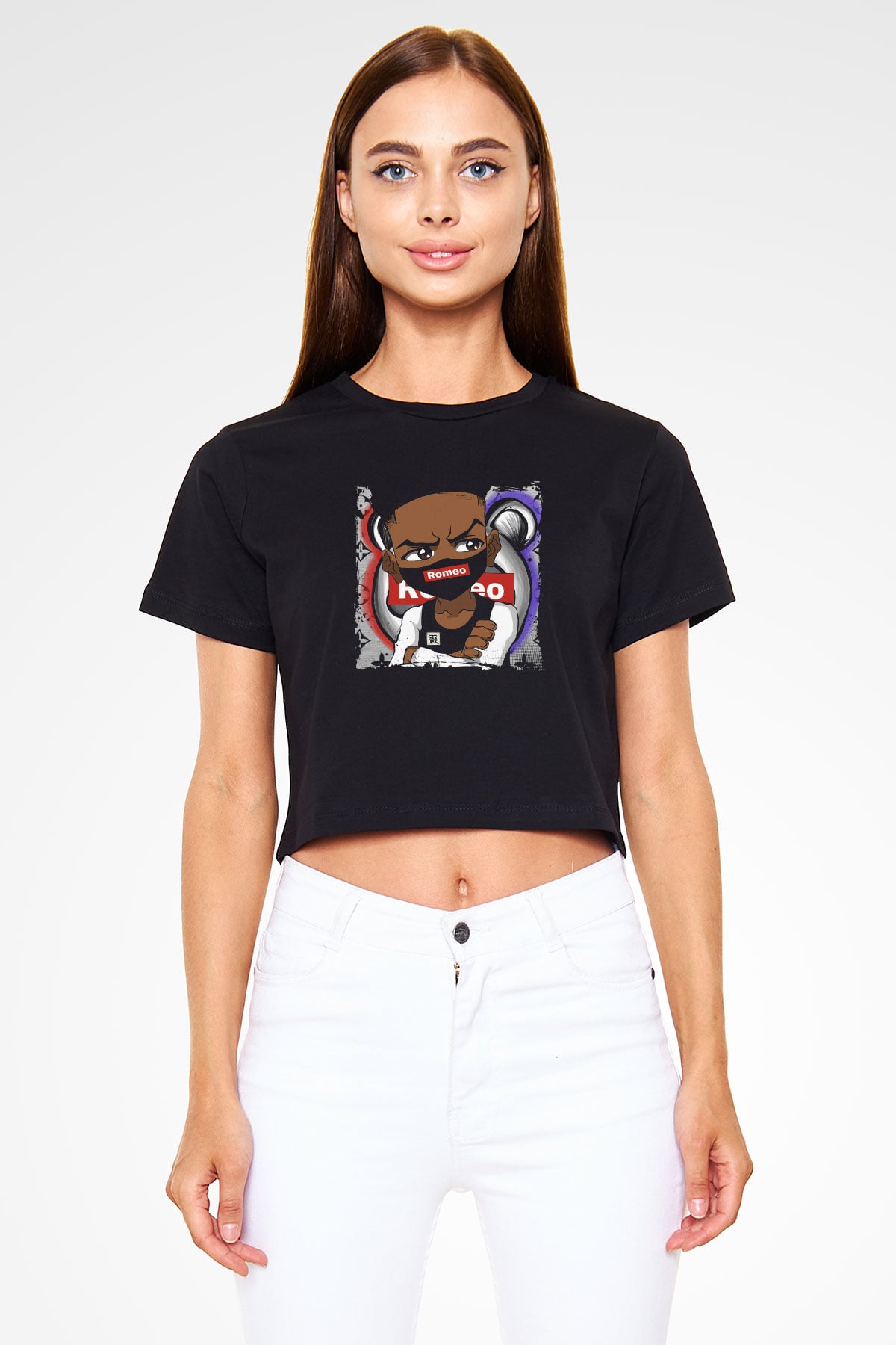 Lil' Romeo Baskılı Crop Top Siyah Kadın Tişört