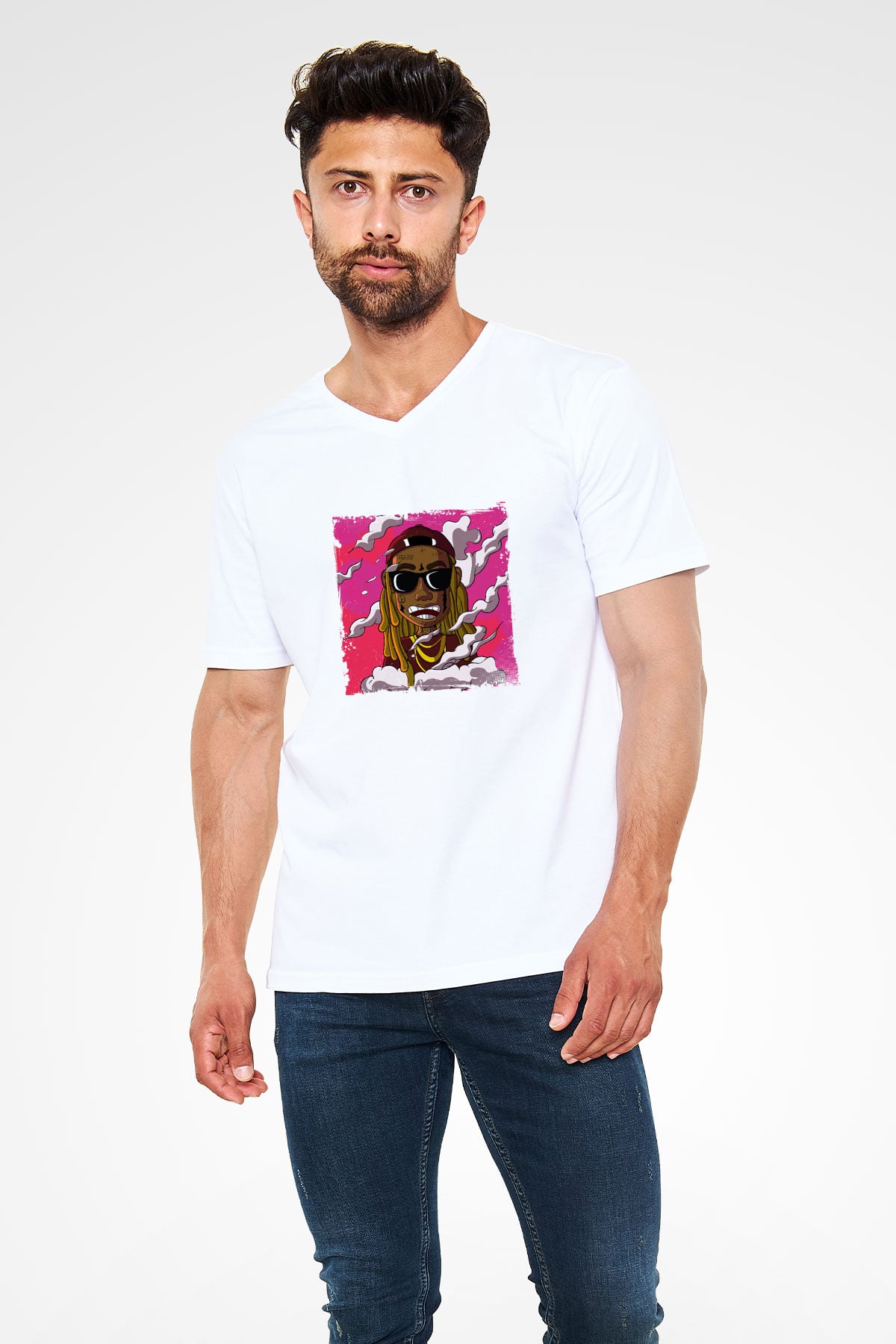 Lil Wayne Baskılı Beyaz V Yaka Unisex Tişört